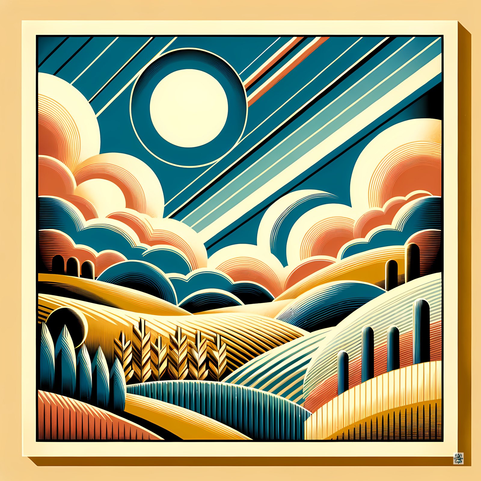 Retro Geometric Sun and Clouds Over Rolling Hills