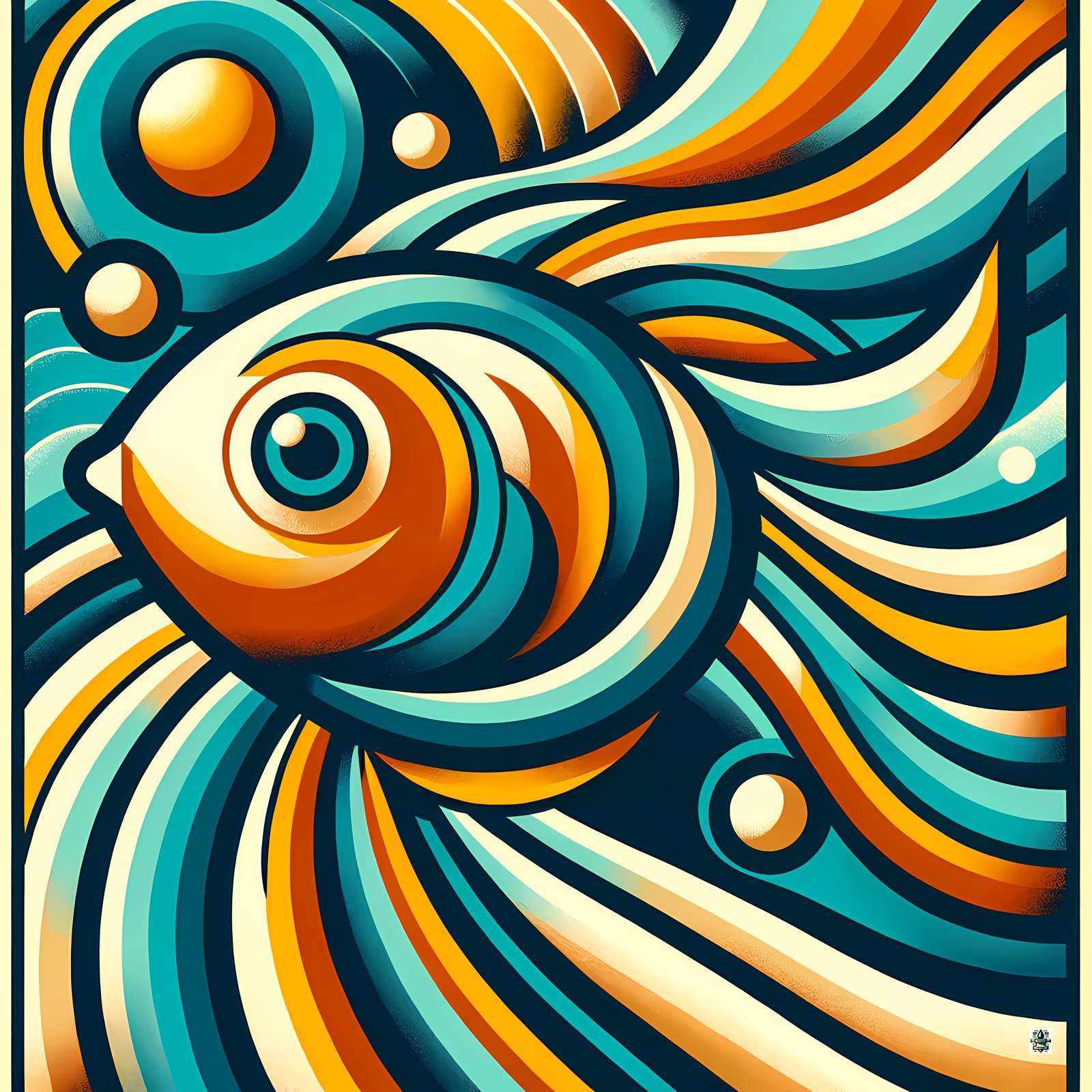 Retro Abstract Fish Swirl in Teal and Orange