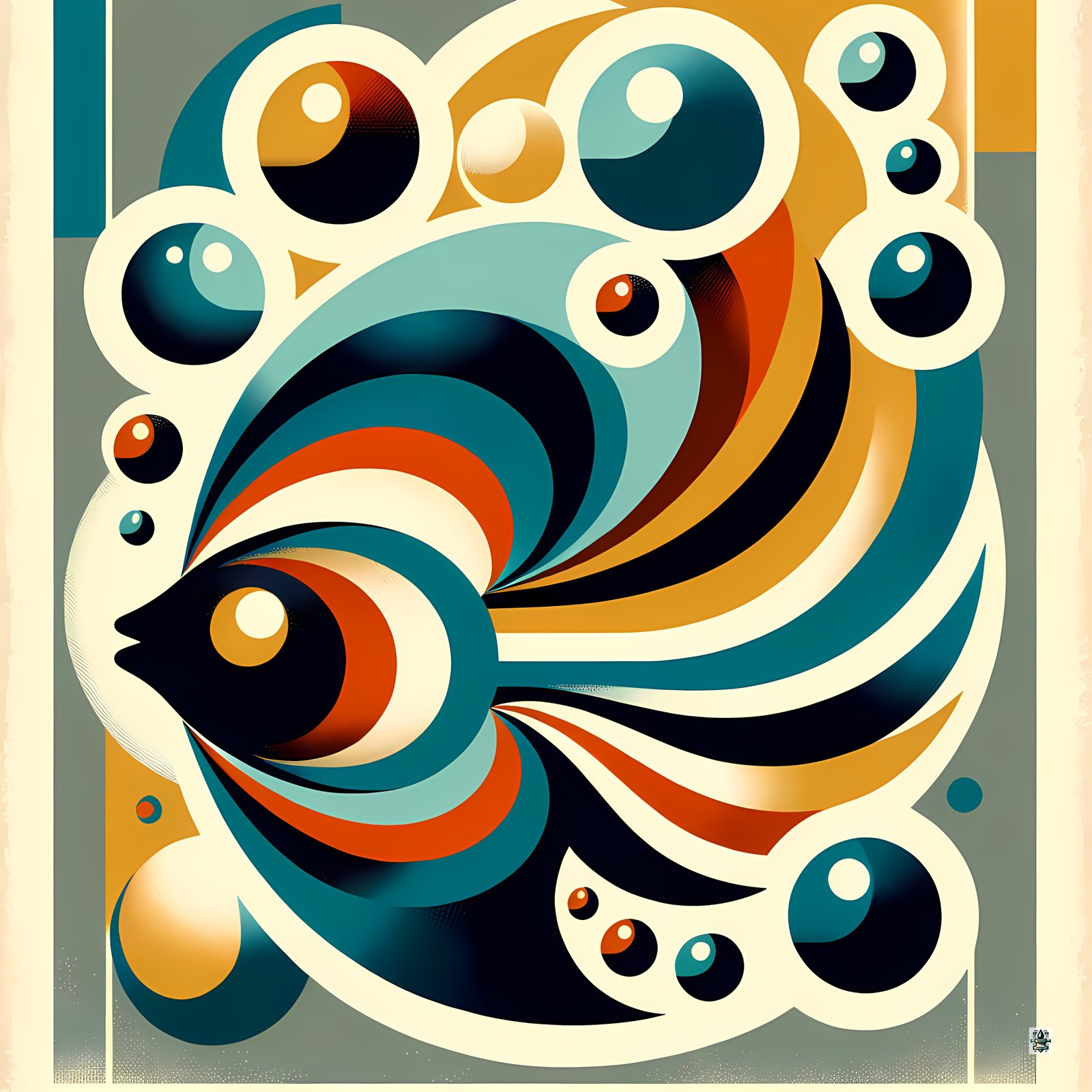 Retro Geometric Fish with Bubbles in Teal and Ochre
