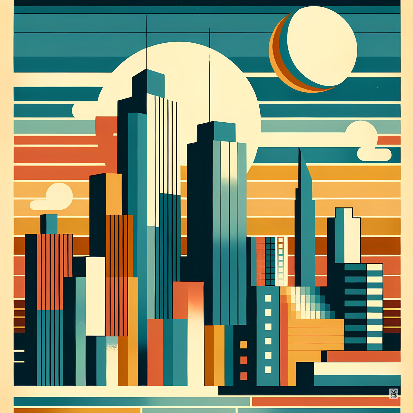 Retro Geometric City Skyline Sunset in Teal and Orange