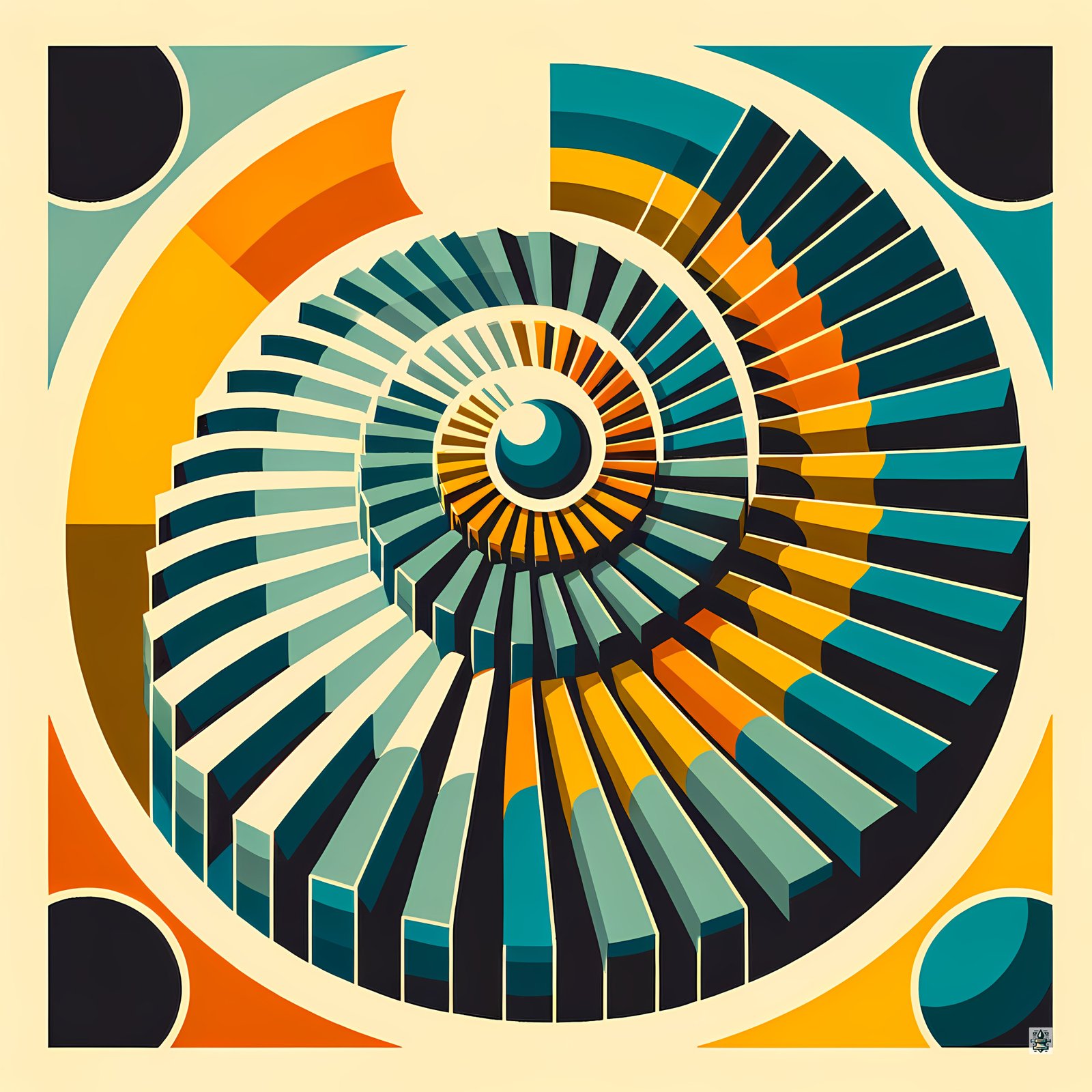 Retro Geometric Spiral Sunburst in Teal and Orange