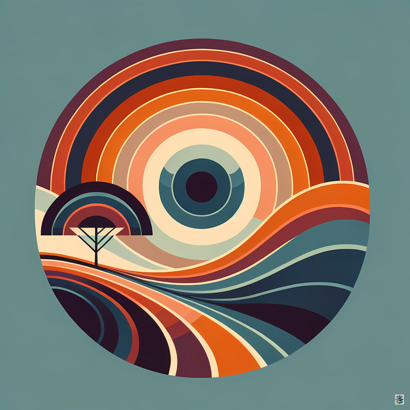 Retro Geometric Sunset Landscape