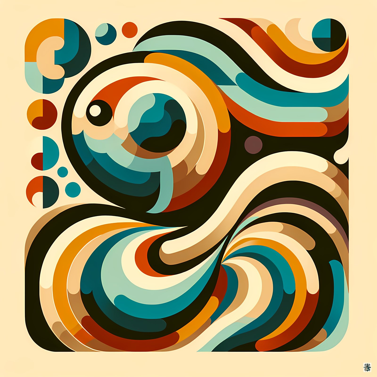 Retro Abstract Swirl Waves in Teal and Ochre