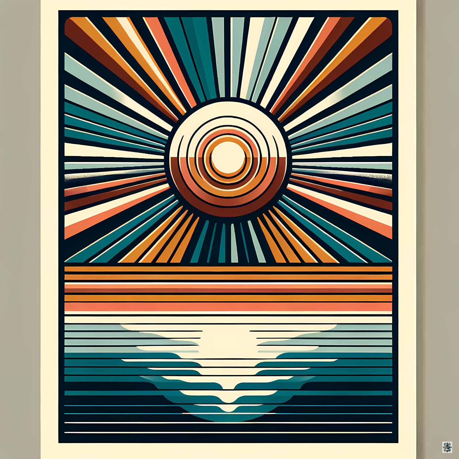Retro Sunburst Over Ocean Horizon