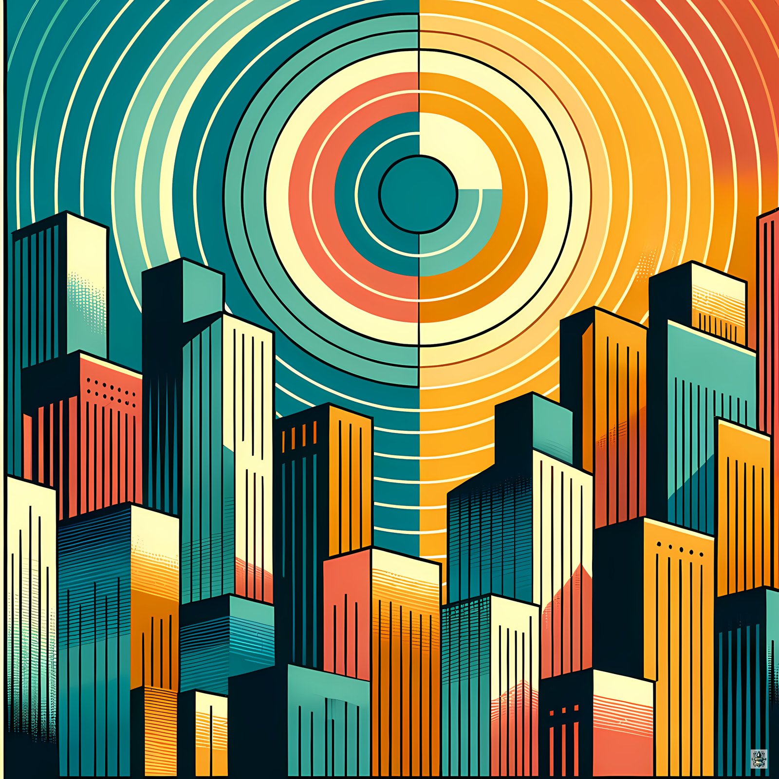 Retro Geometric City Skyline with Concentric Sun