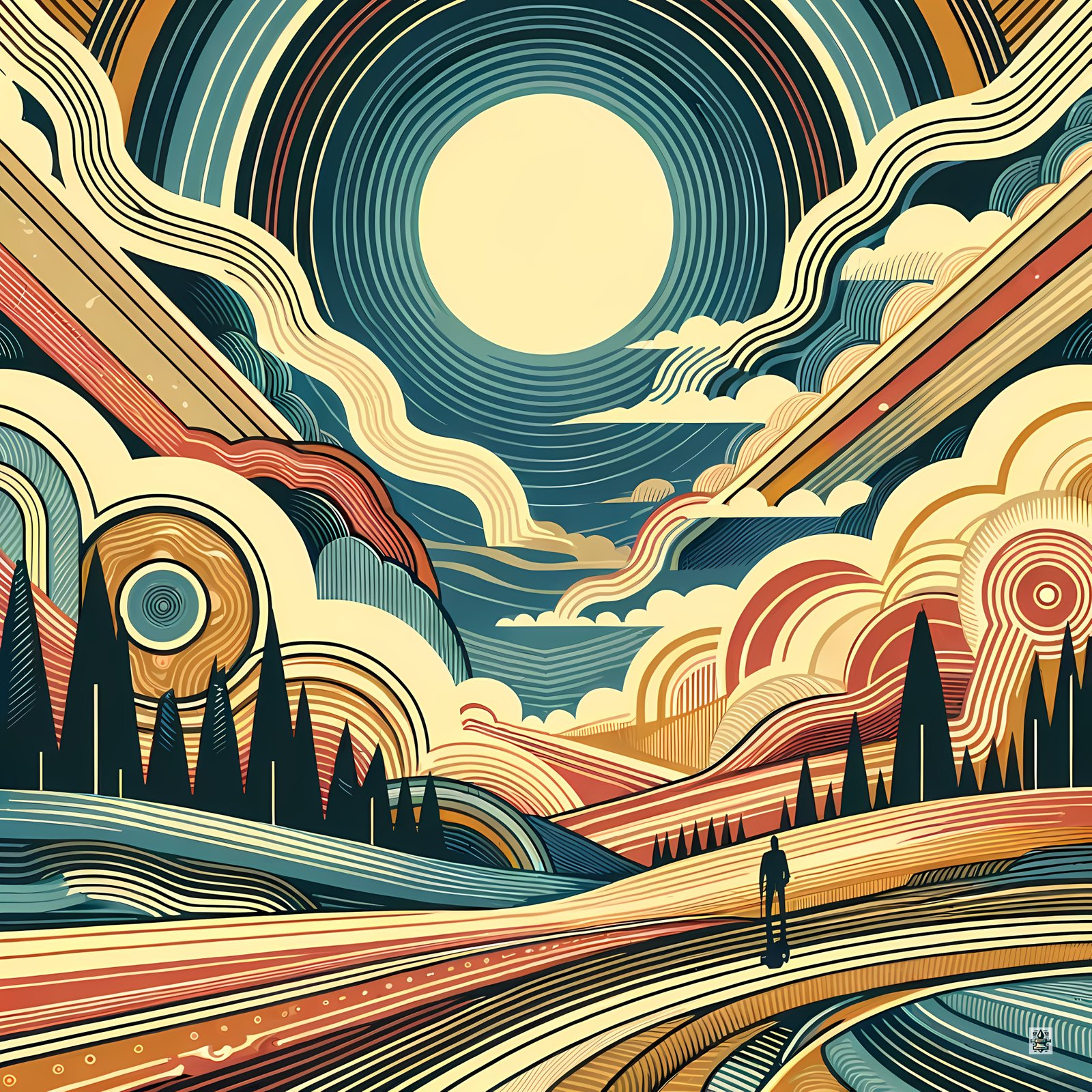 Retro Sunlit Mountain Landscape with Geometric Clouds