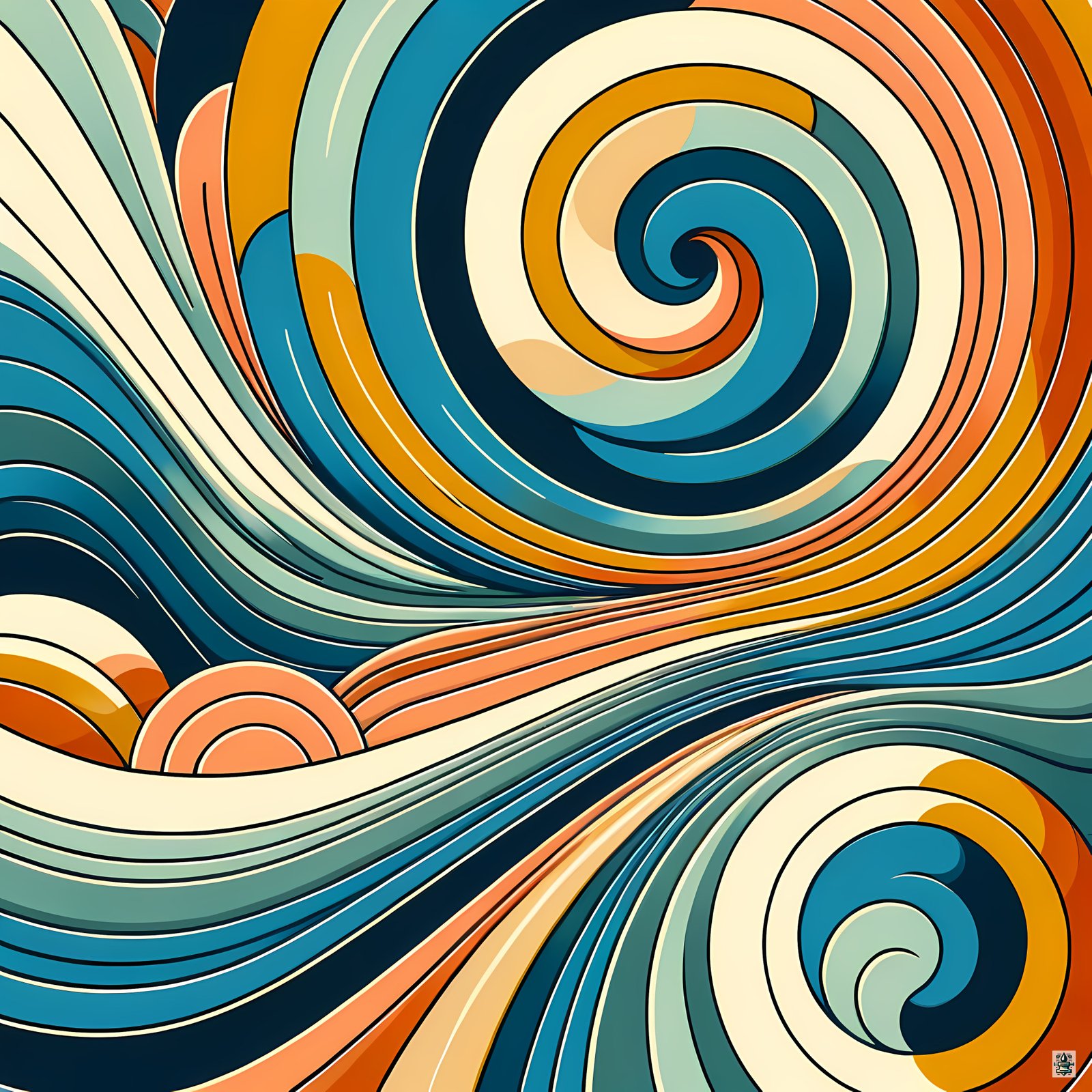 Retro Abstract Swirl Waves in Teal and Orange