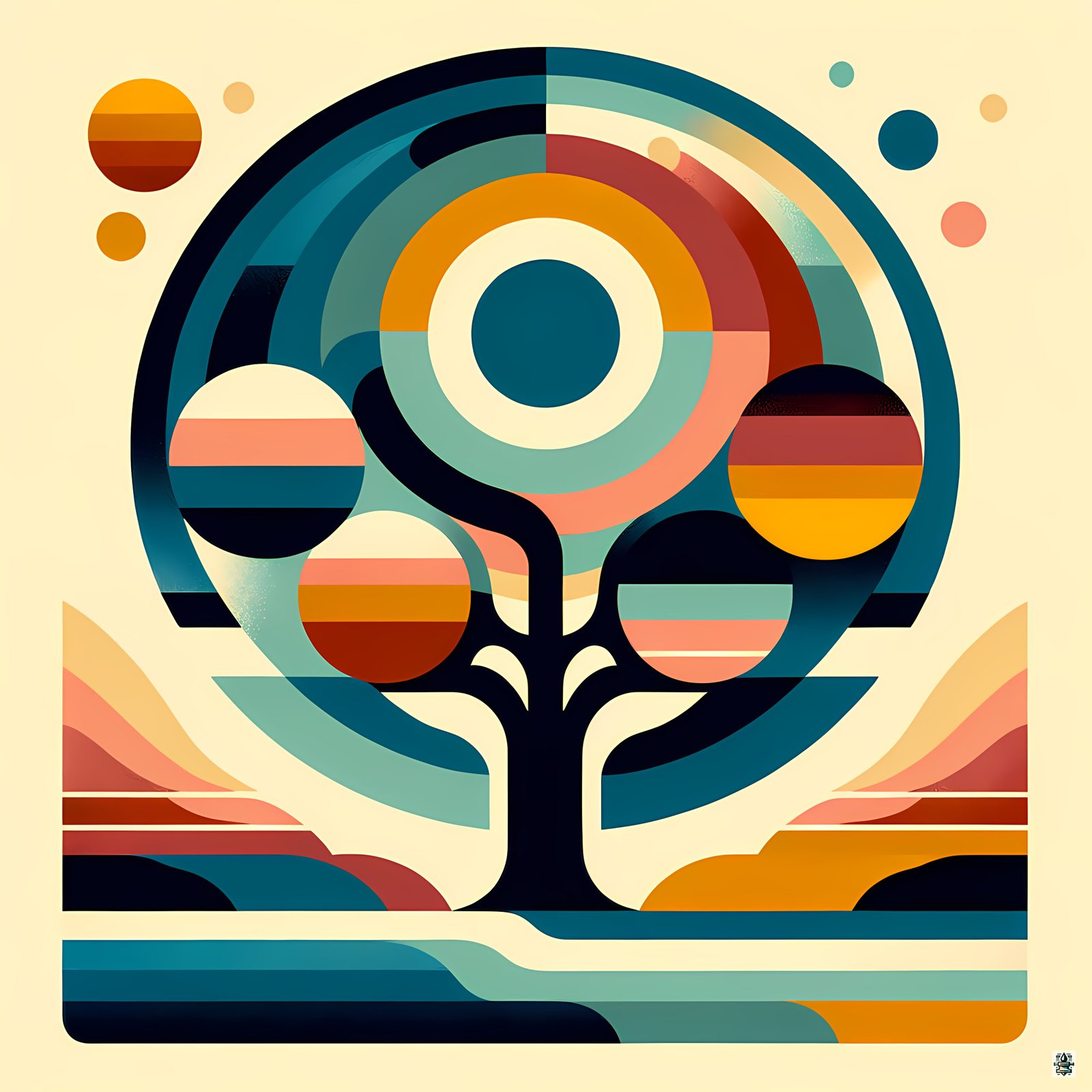 Retro Geometric Tree with Sun and Planet Orbs