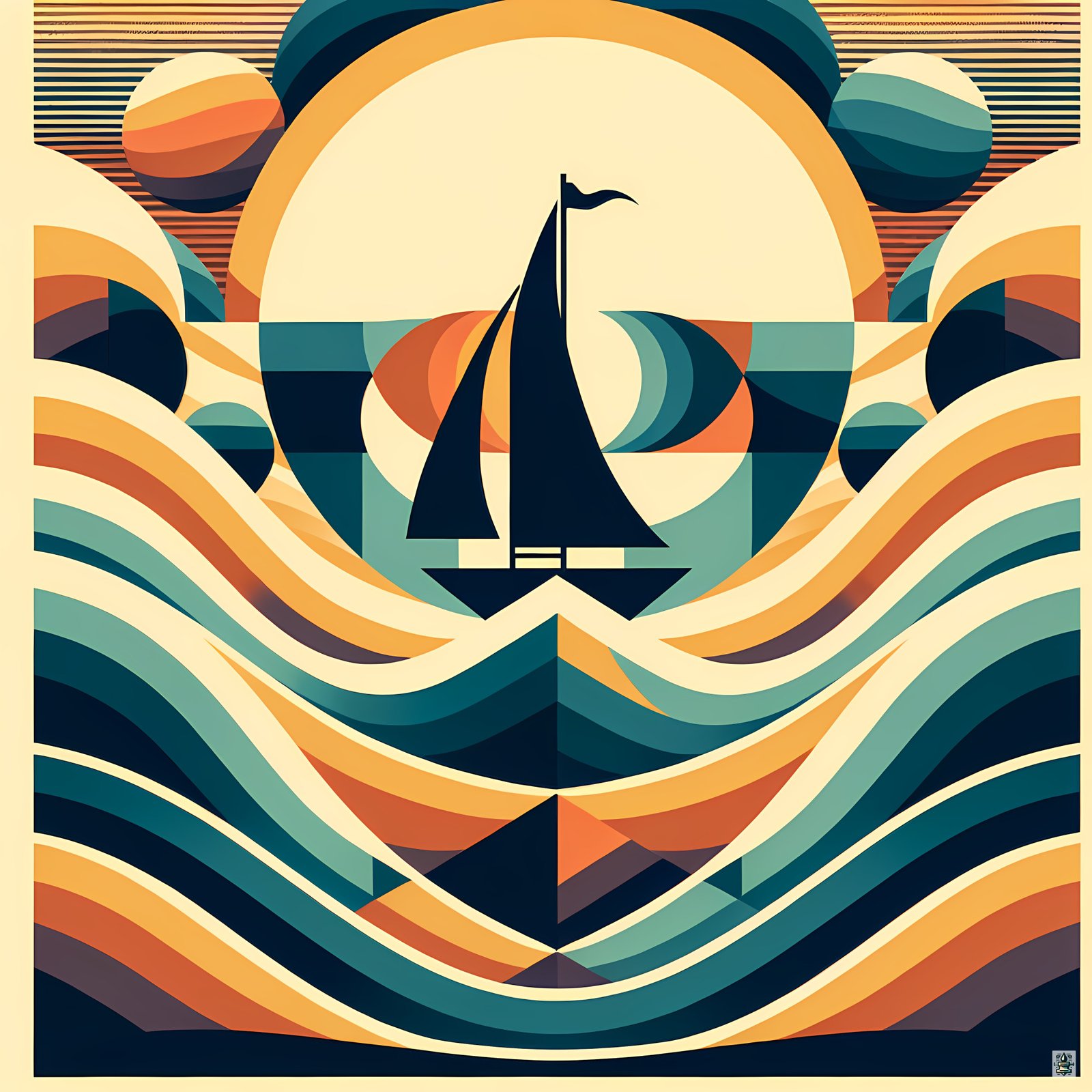 Geometric Sailboat Over Stylised Waves