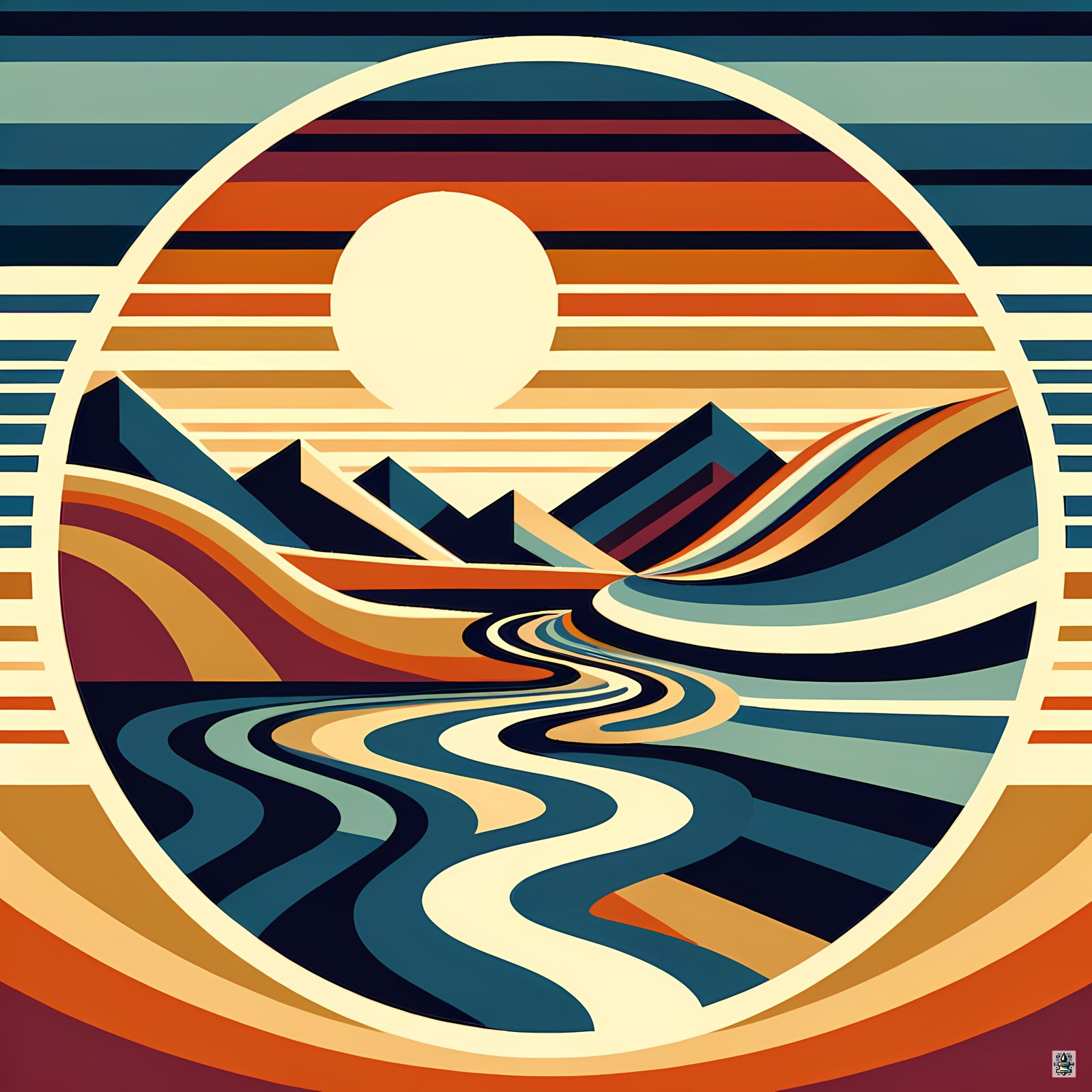 Abstract Sunset Mountains and Winding River
