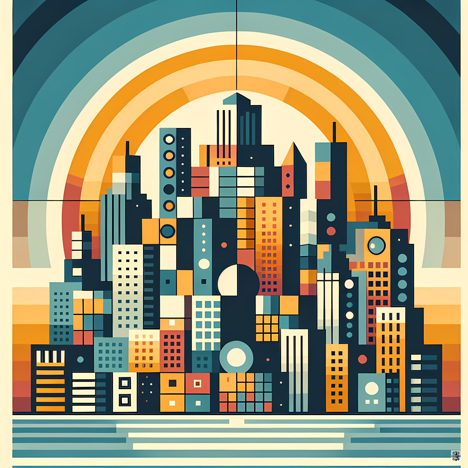 Geometric City Skyline with Retro Sunset Arches