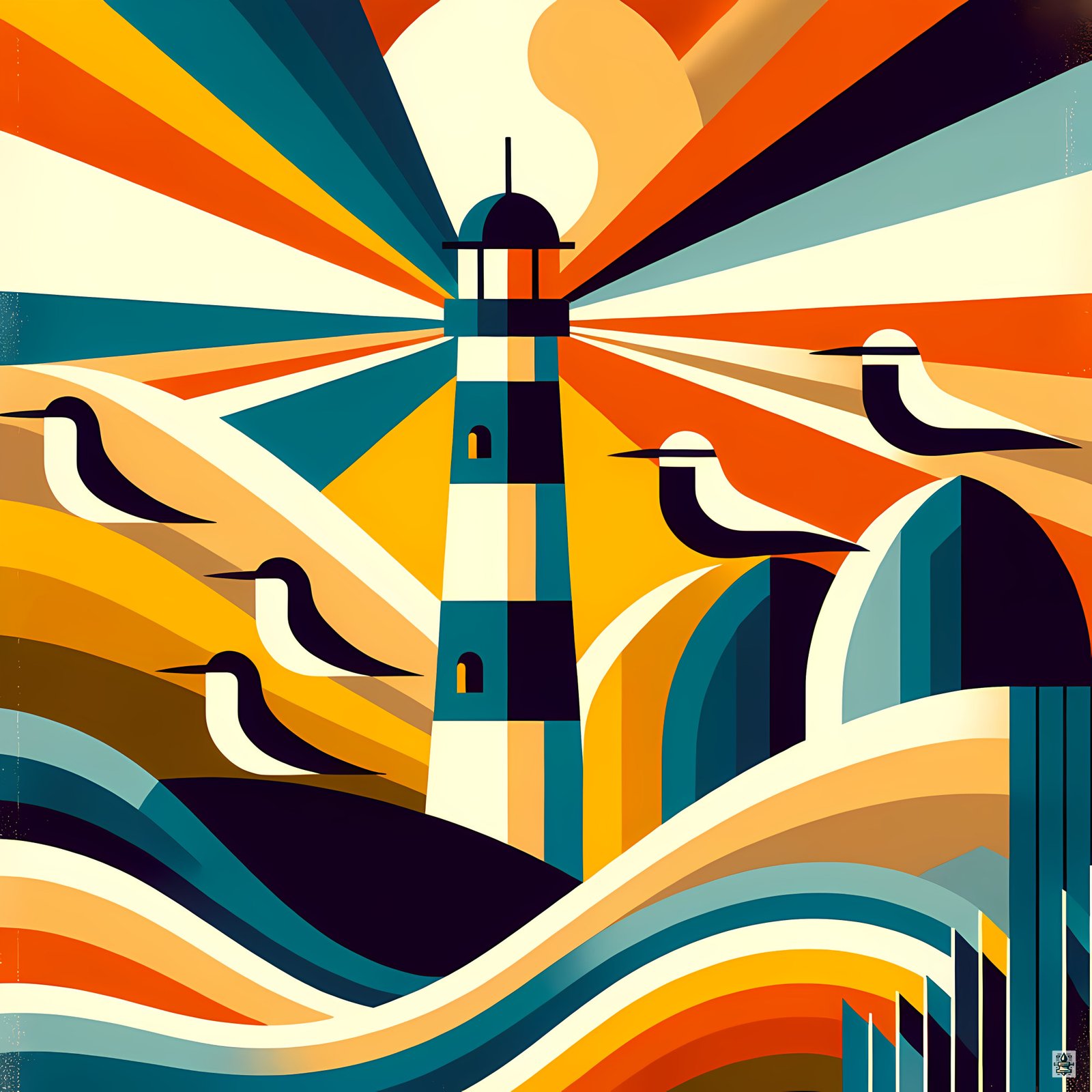 Retro Lighthouse Rays and Seagulls