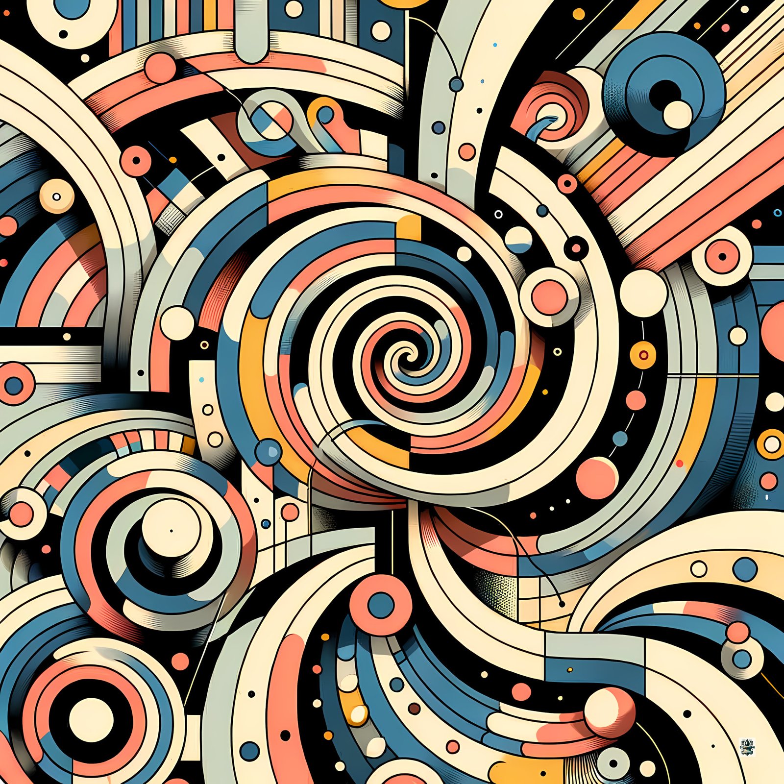 Retro Geometric Spiral Abstract in Teal and Coral