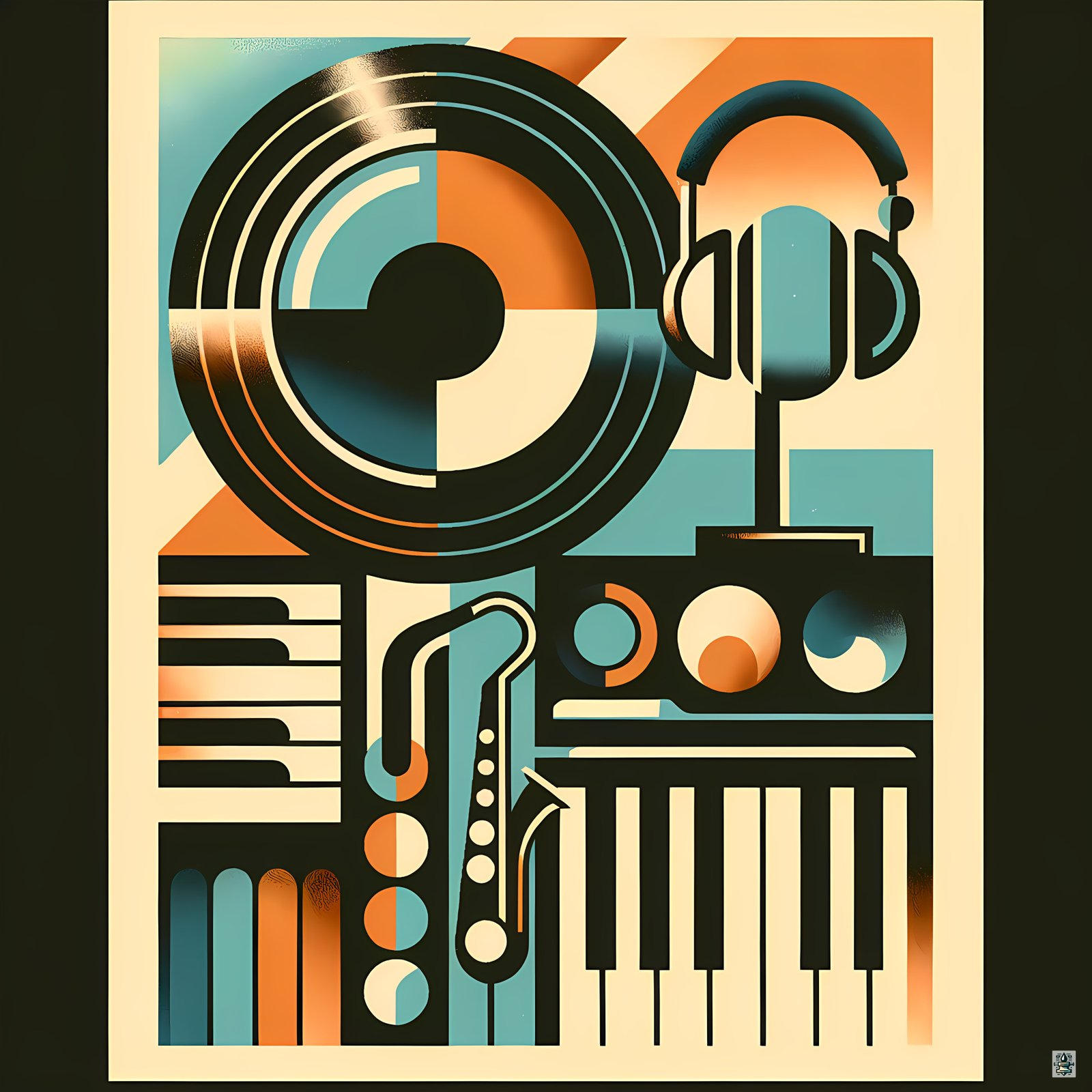 Retro Geometric Vinyl Record, Headphones and Piano Keys