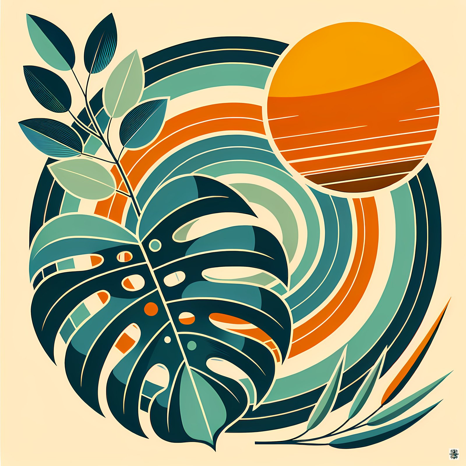 Geometric Monstera Leaves with Retro Sun Circles