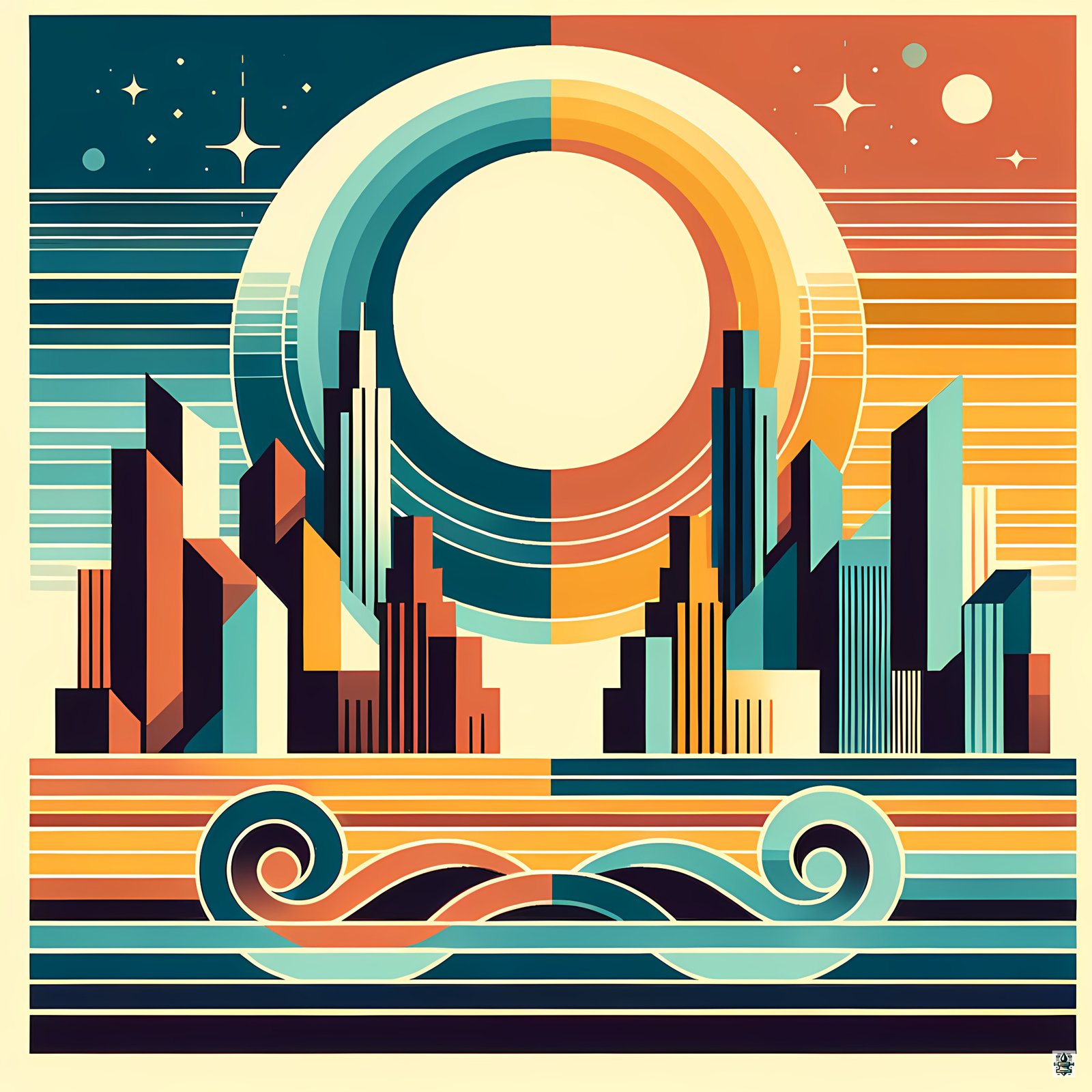 Retro Geometric City Sunset with Waves