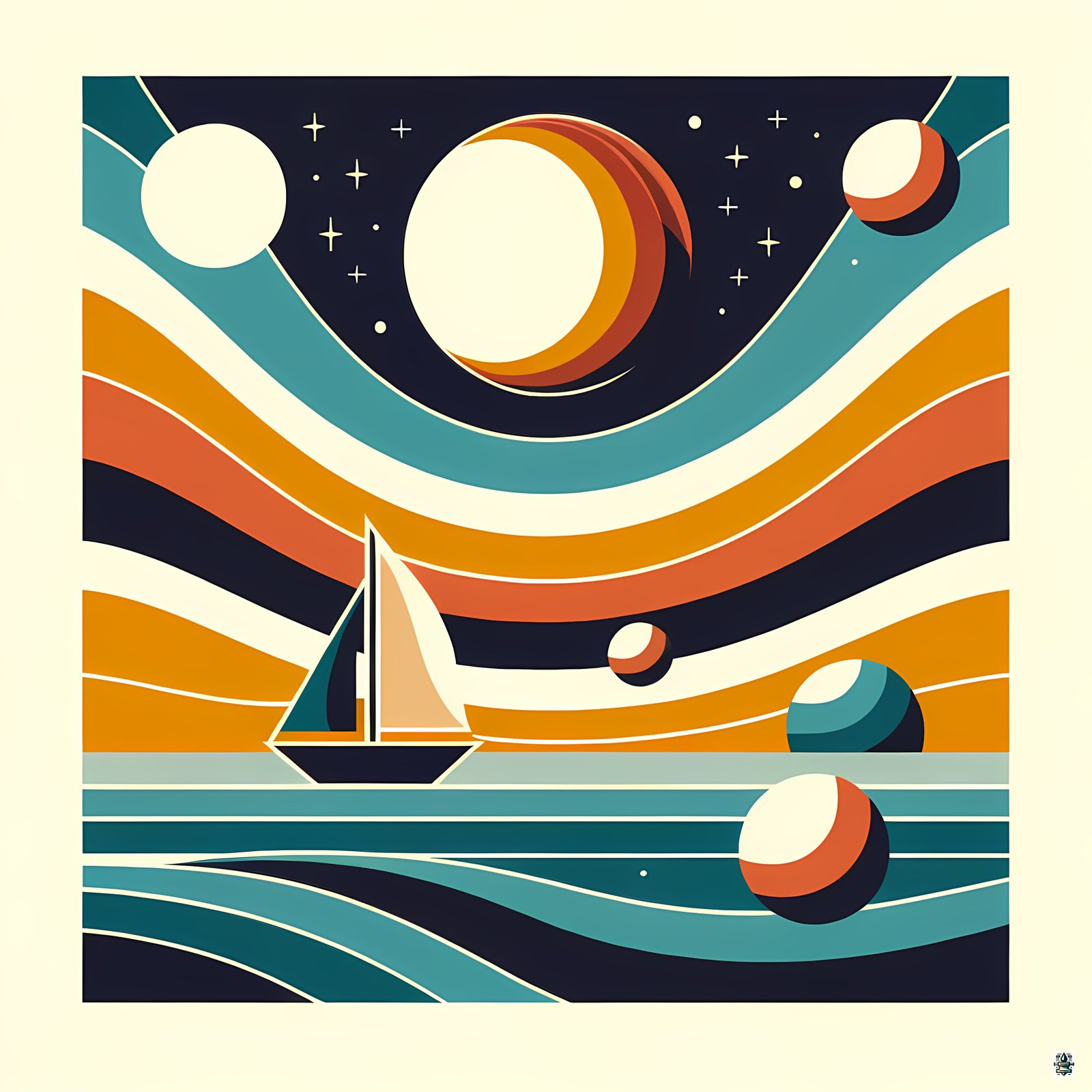 Abstract Sailboat Under Planets