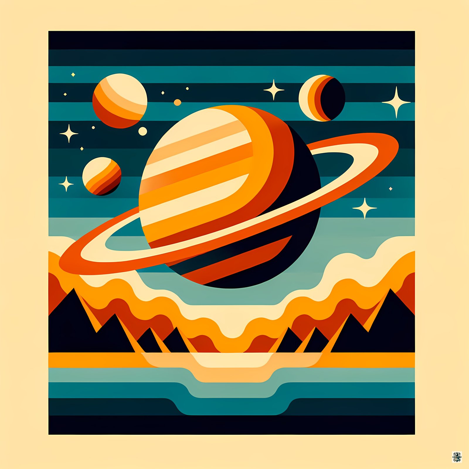 Retro Ringed Planet Over Mountains