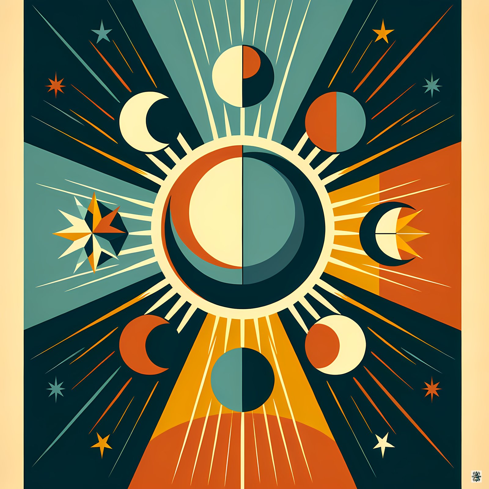 Geometric Sun and Moon Phases Celestial Rays