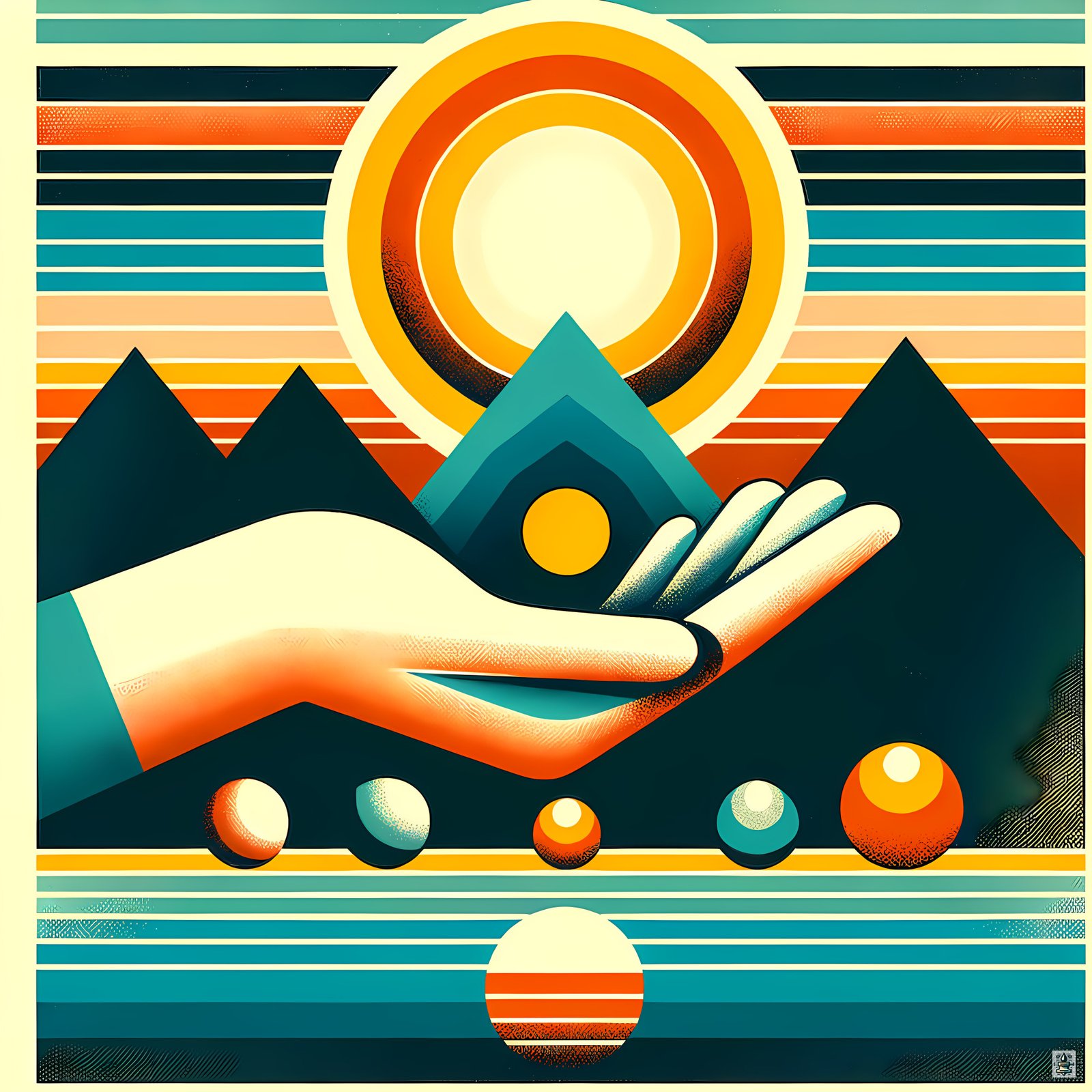 Retro Geometric Sun Over Mountains