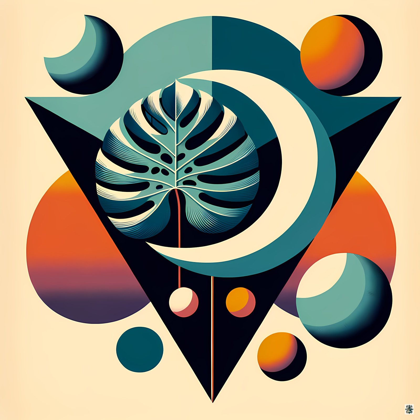 Geometric Monstera Leaf in Teal and Orange