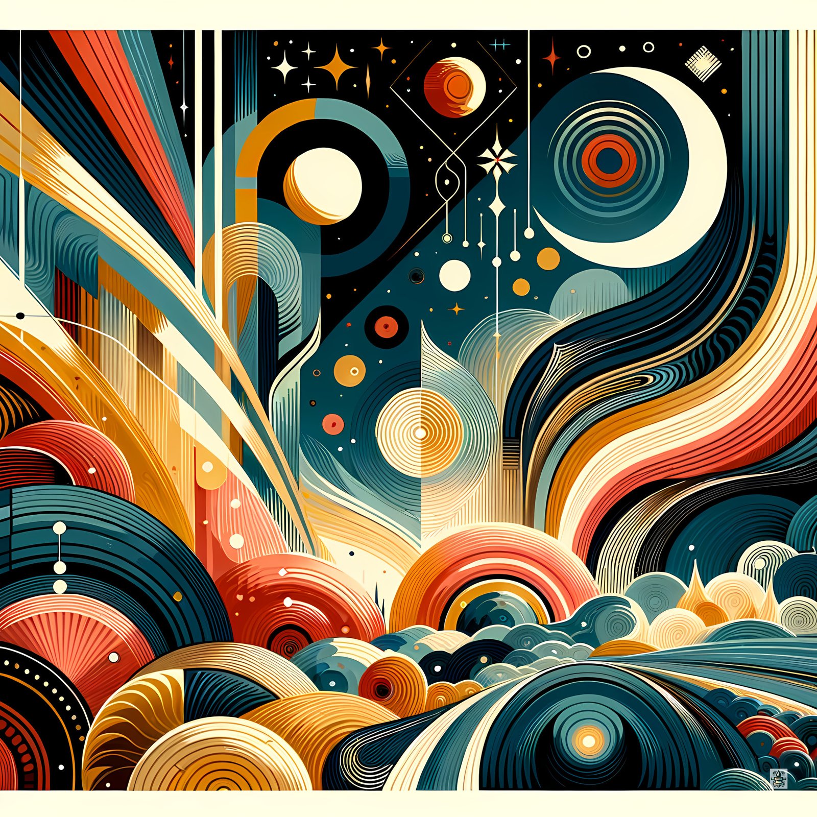 Retro Geometric Space Landscape in Teal and Orange