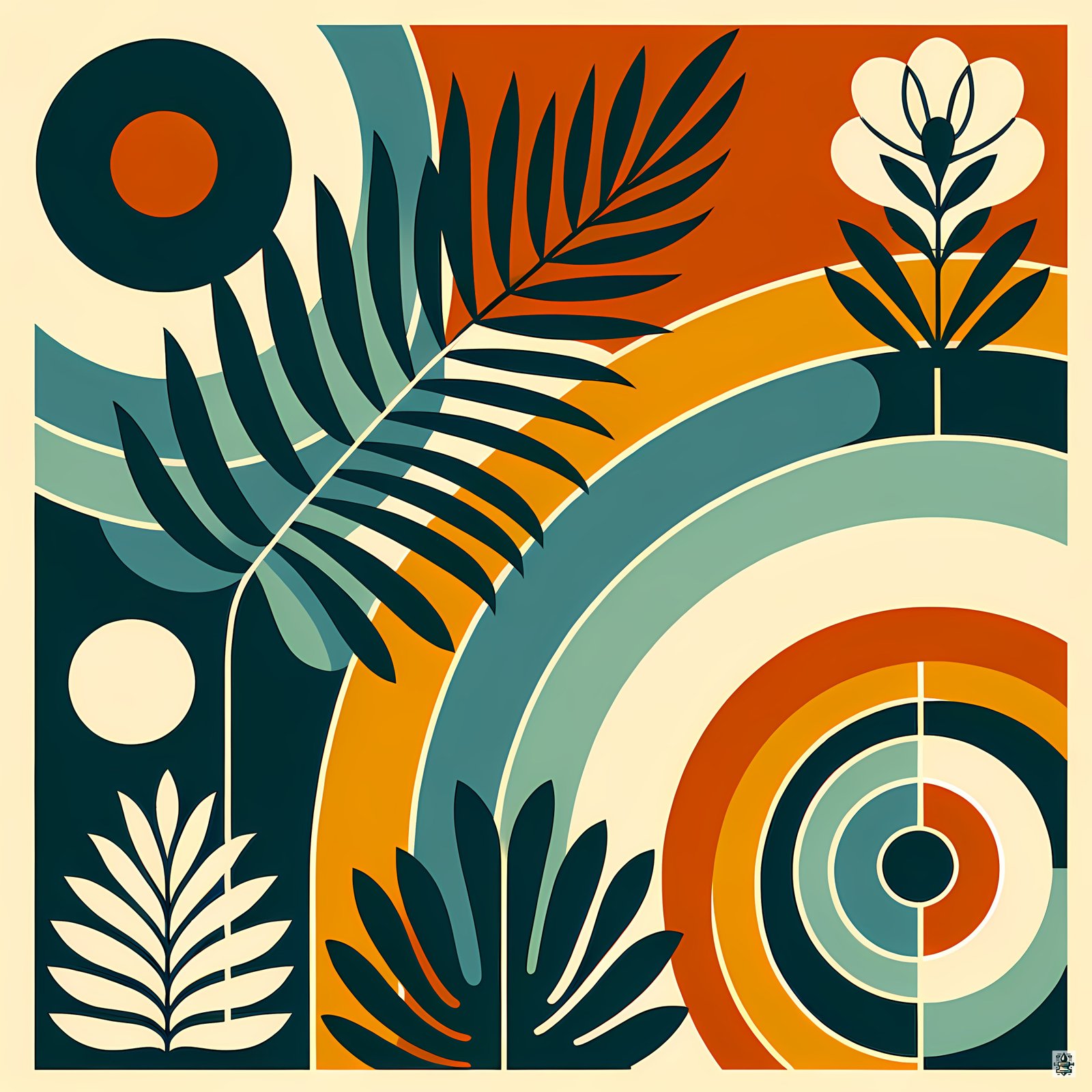 Abstract Botanical Arches in Teal and Burnt Orange