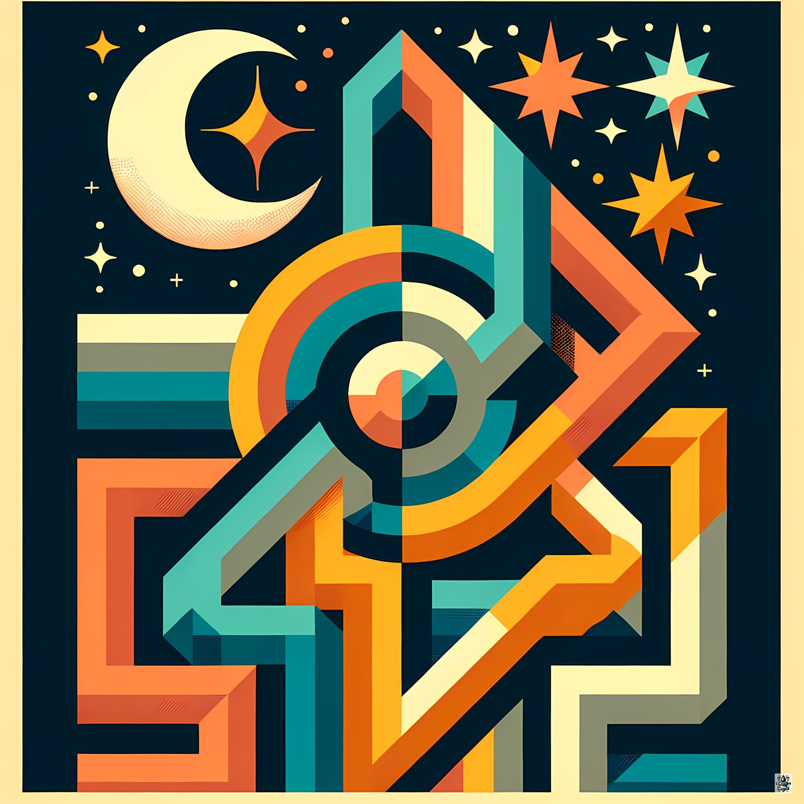 Geometric Number Collage with Moon and Stars