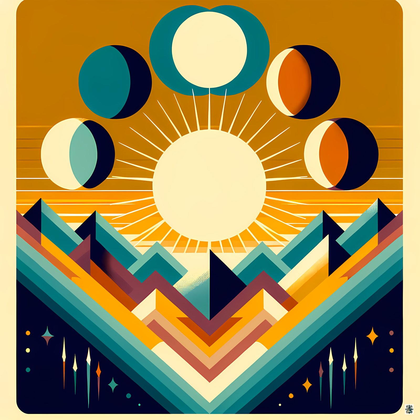 Geometric Sun and Moon Phases Over Mountains