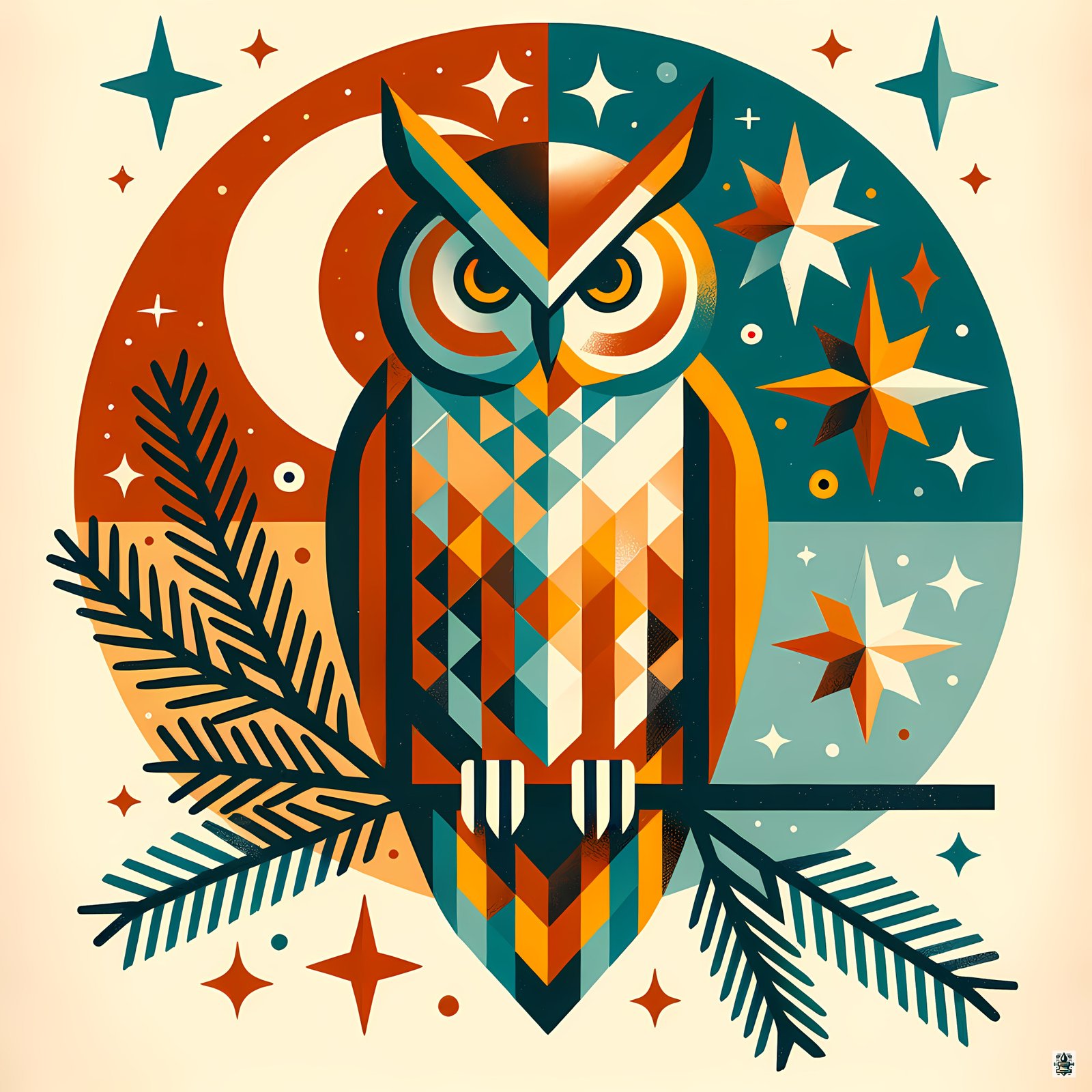 Geometric Owl Under Moon and Stars