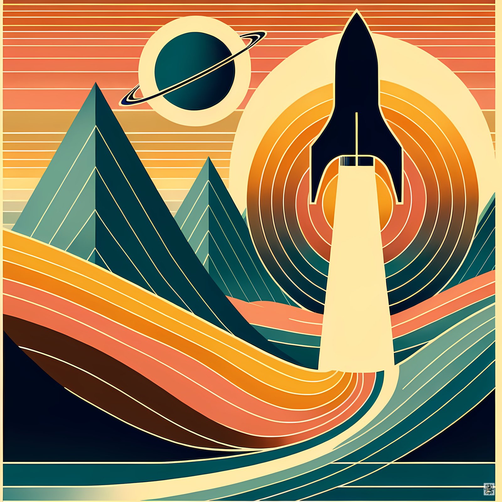 Retro Rocket Launch Over Geometric Mountains