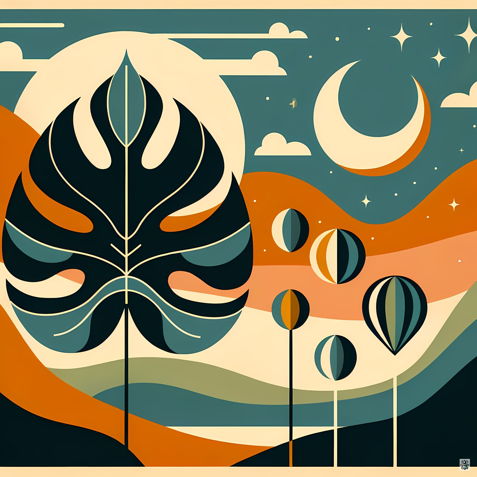 Abstract Monstera Leaf Night Sky Landscape