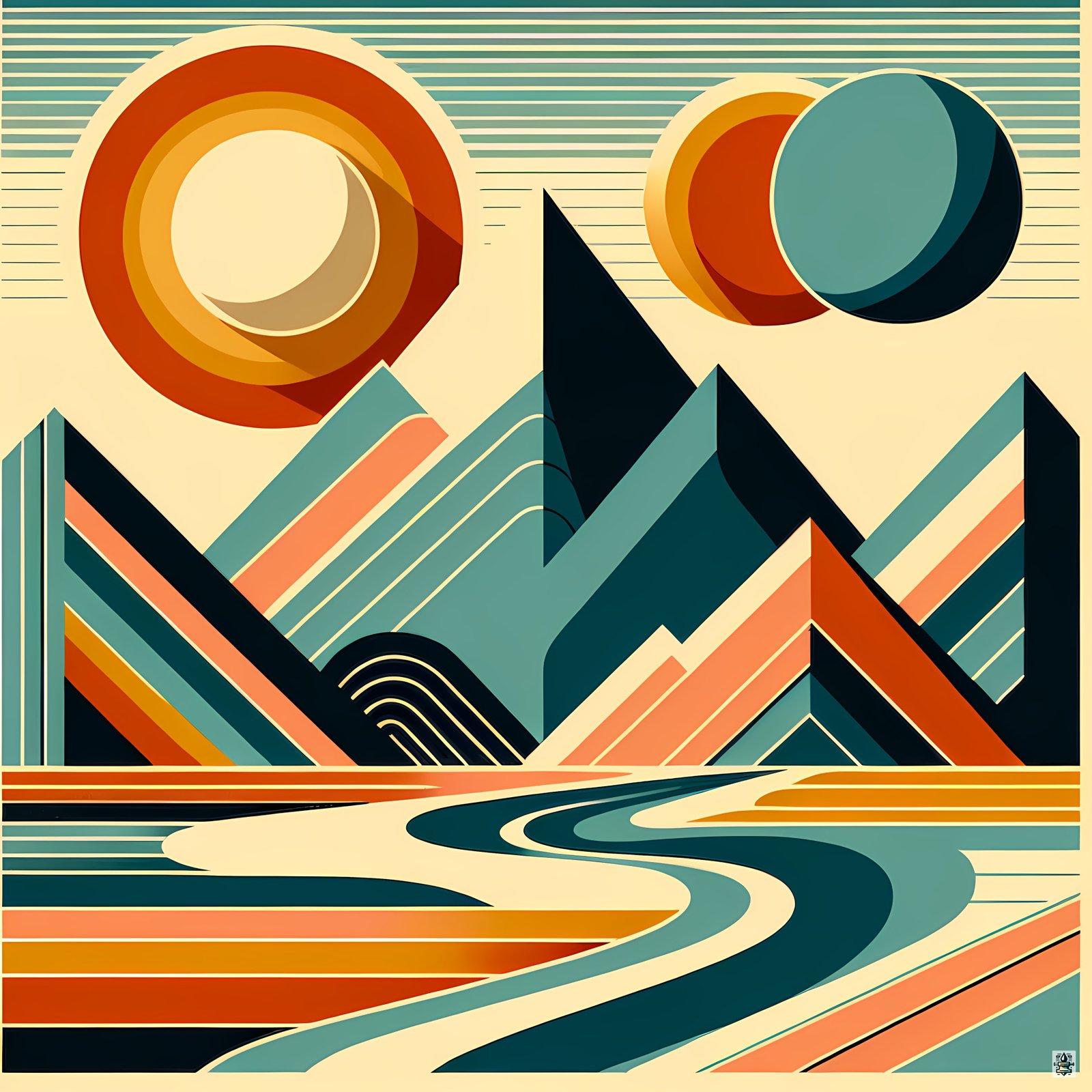Geometric Mountains with Twin Suns and River