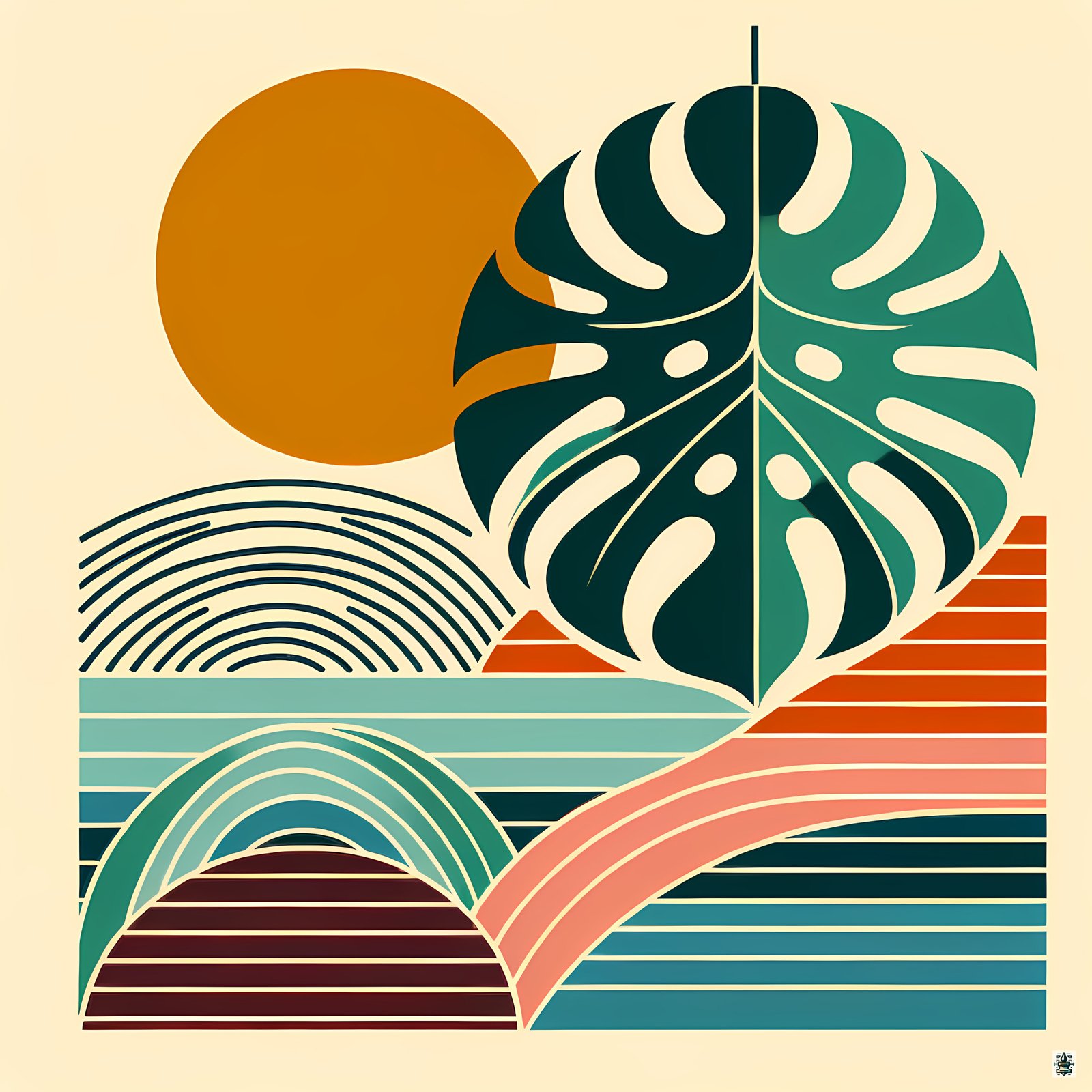 Abstract Monstera Leaf with Sun and Geometric Waves