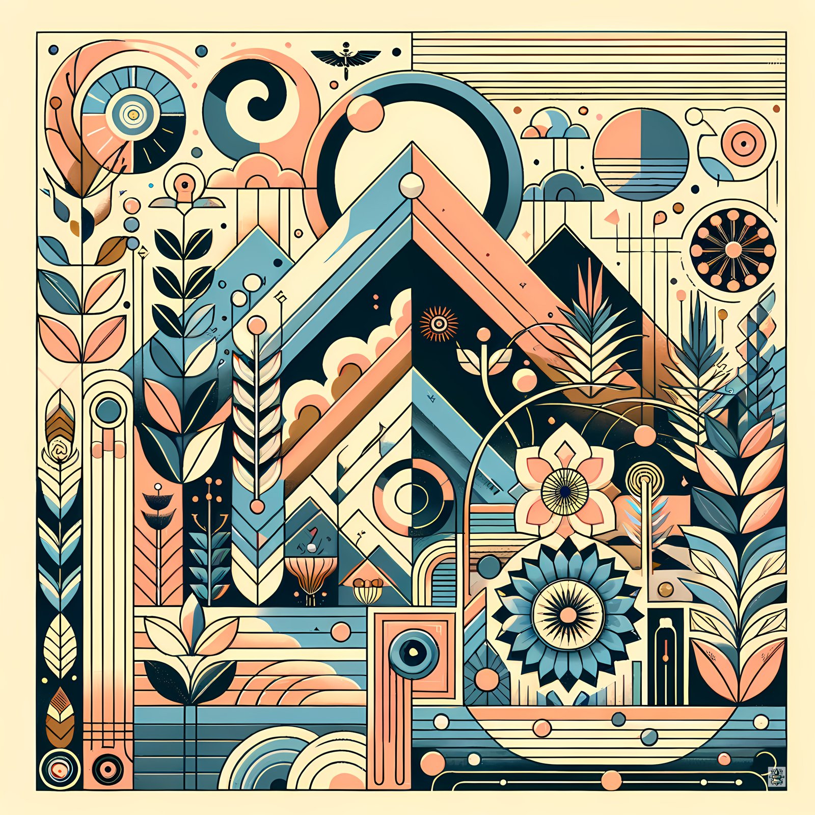 Retro Geometric Mountain Landscape in Teal and Peach