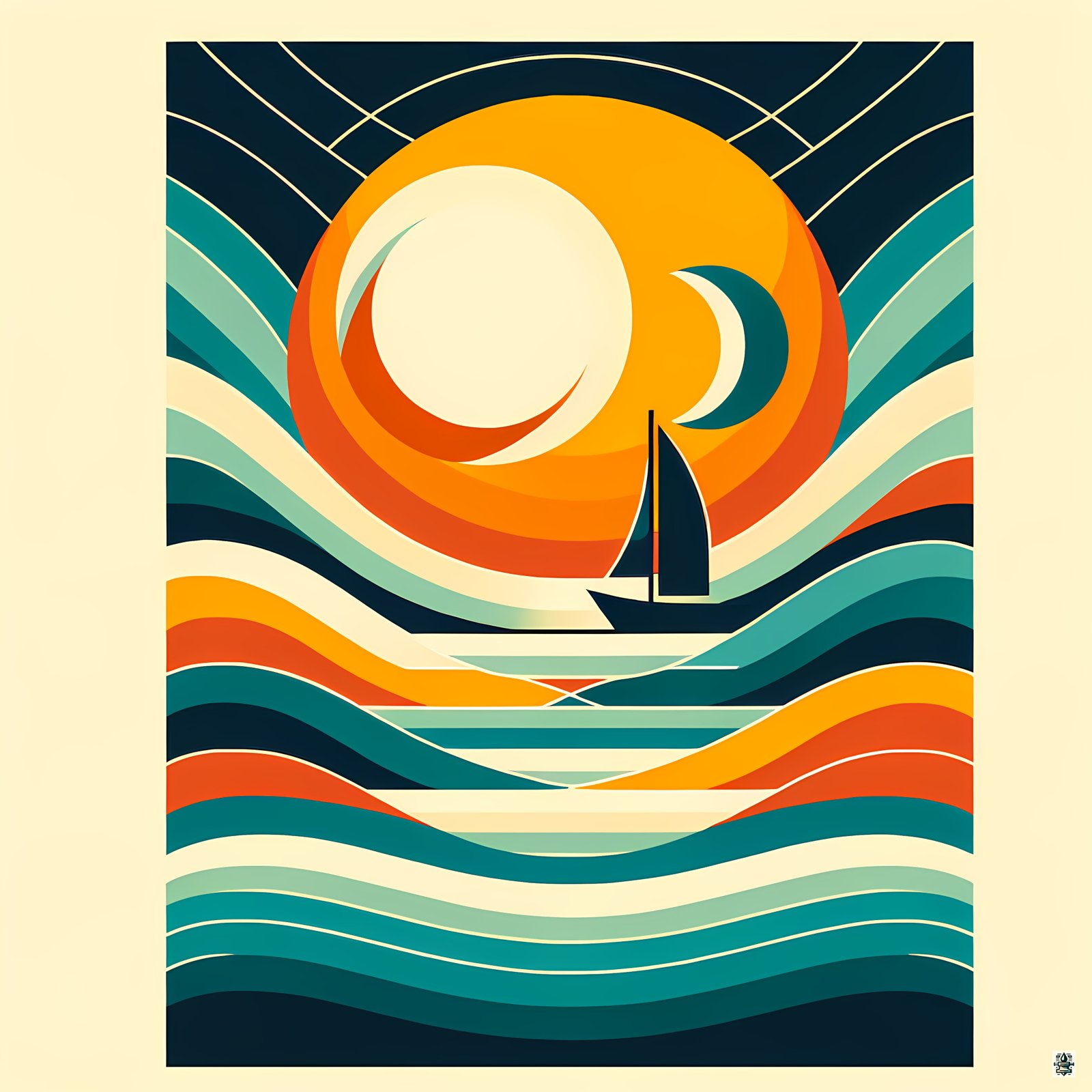 Geometric Sailboat Sunset with Layered Waves