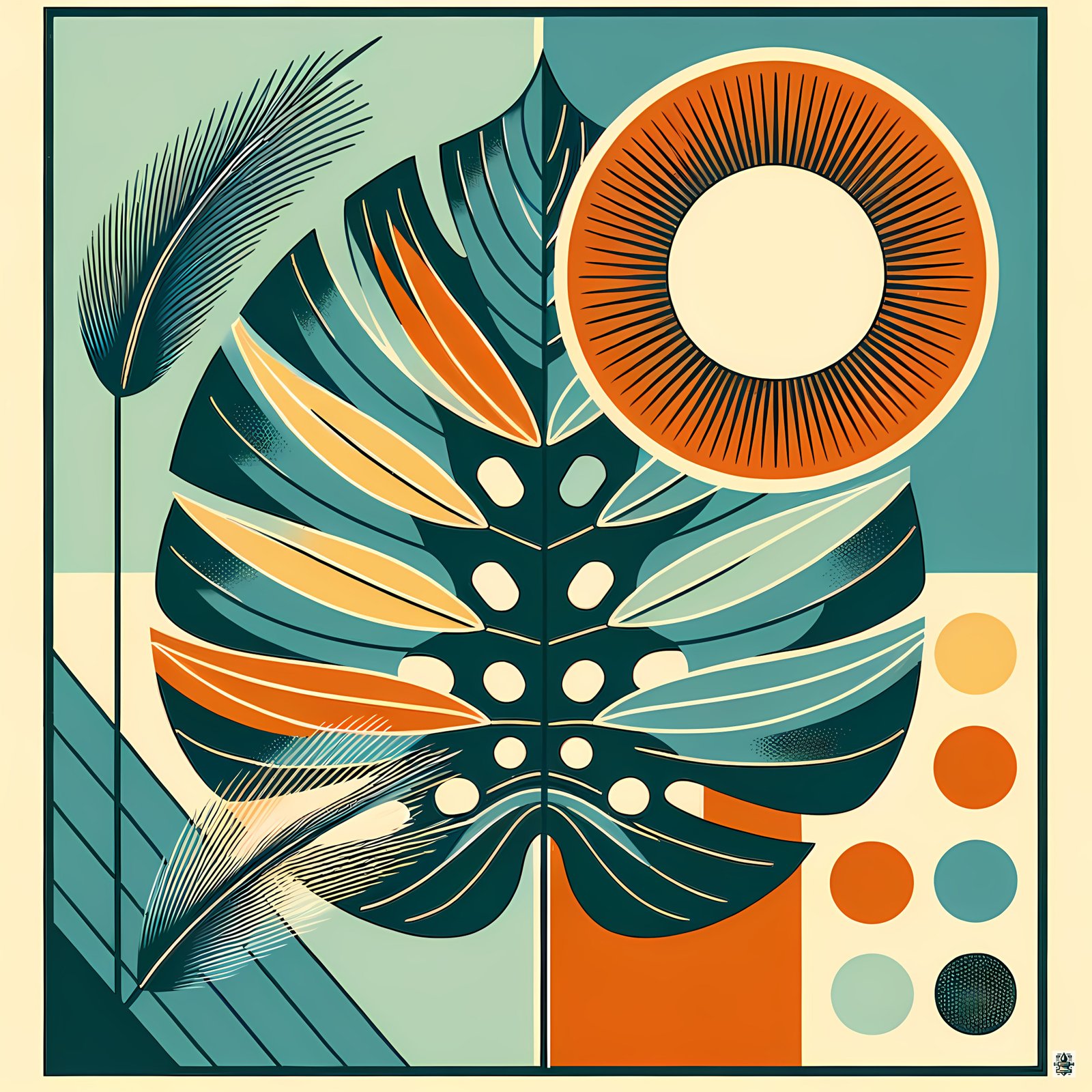 Geometric Monstera Leaf with Sun Circle