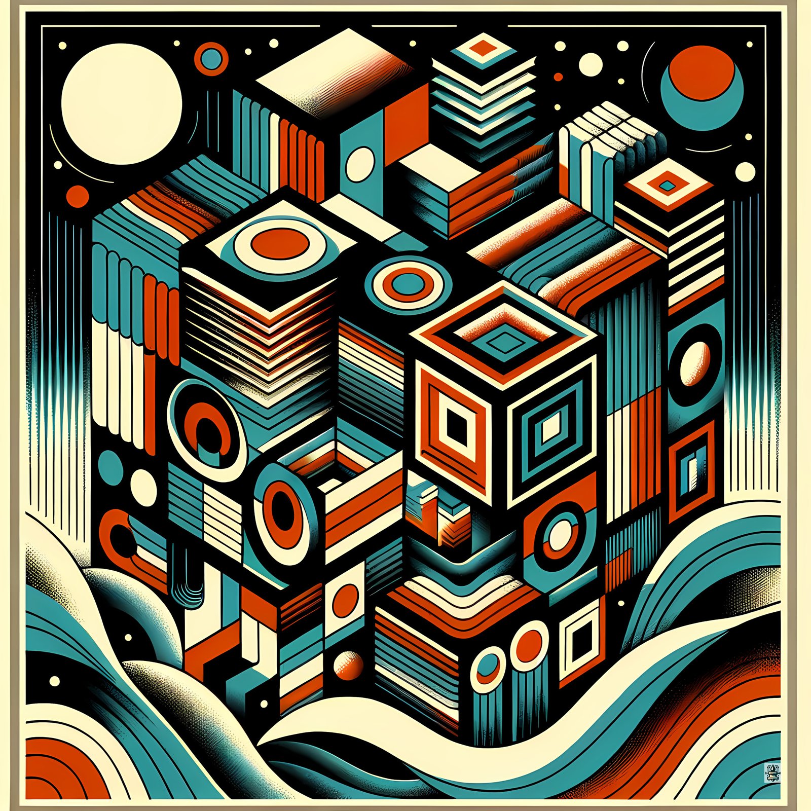 Retro Geometric Space Cubes in Teal and Orange