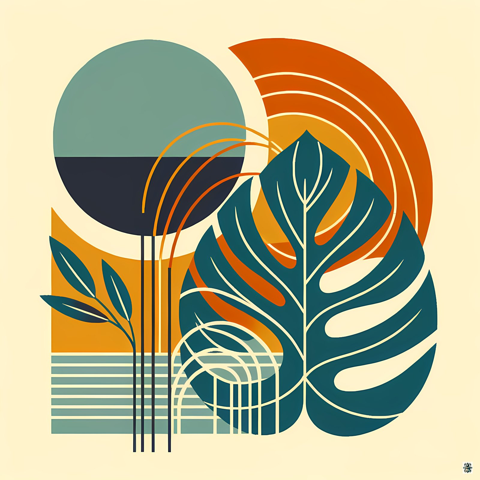 Abstract Monstera Leaves with Geometric Sun Shapes