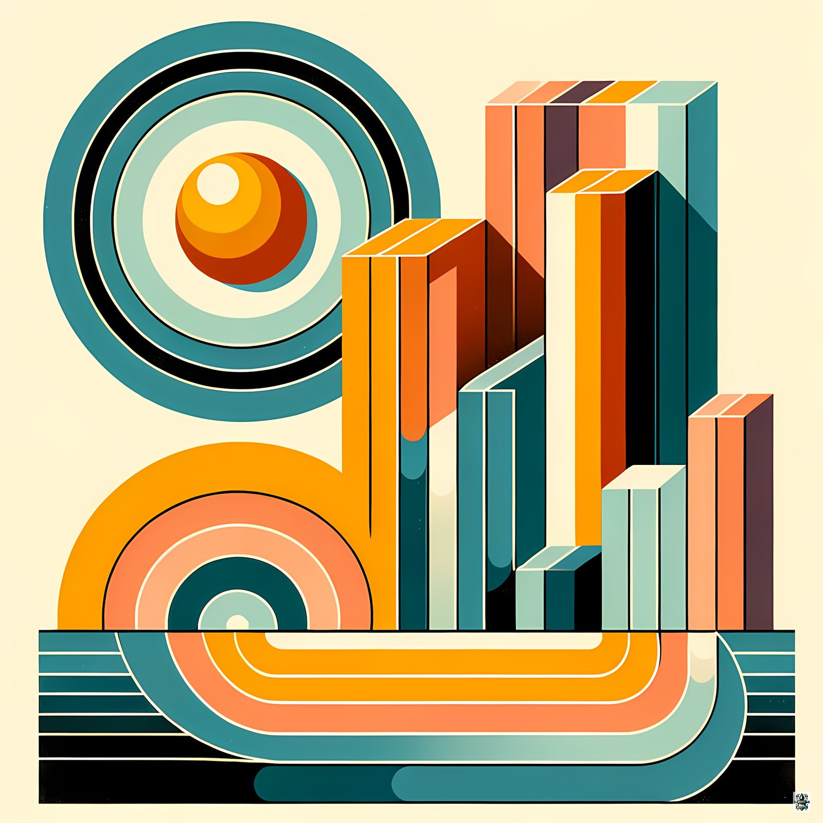 Retro Geometric Letter J in Teal and Orange