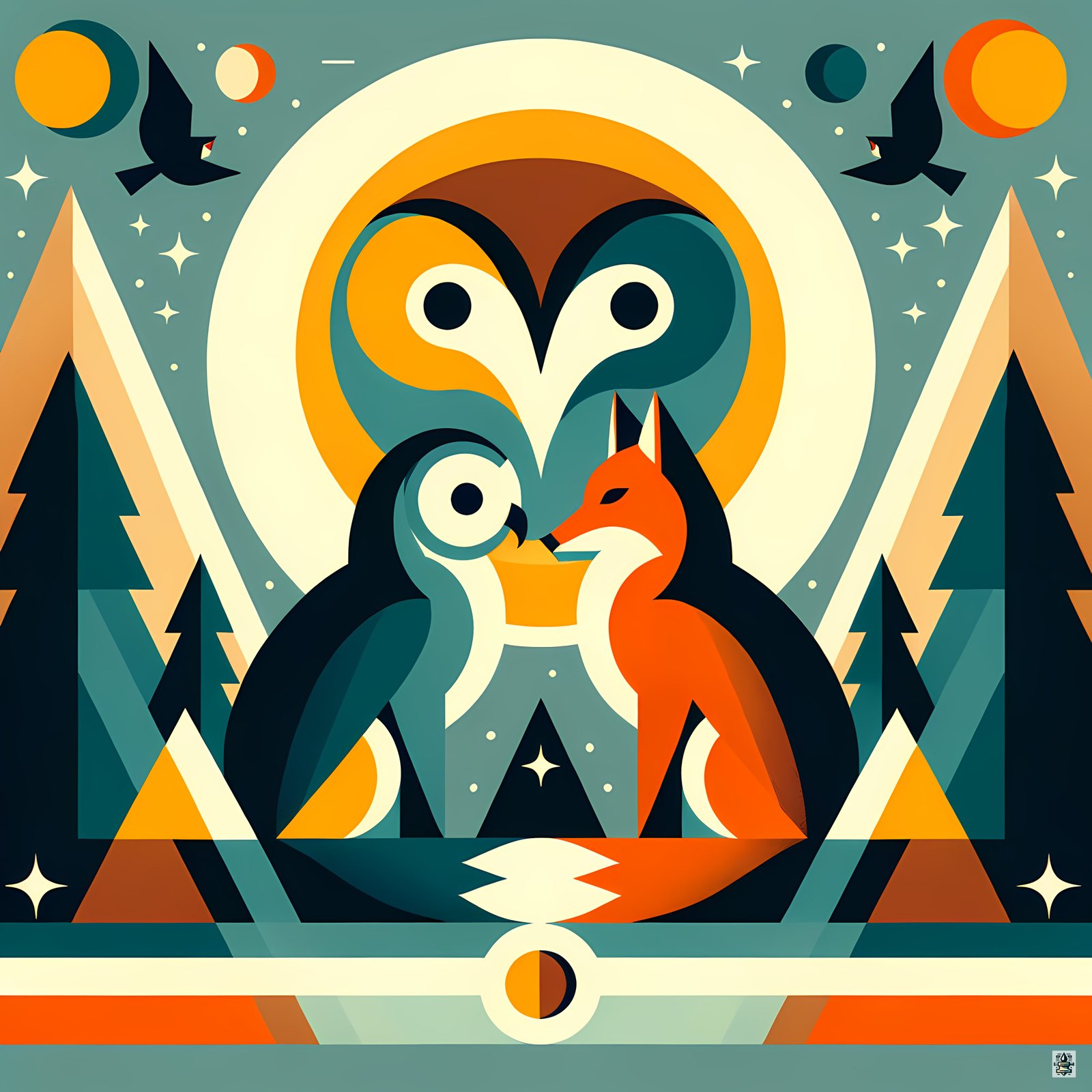 Geometric Owl and Fox Under Moon