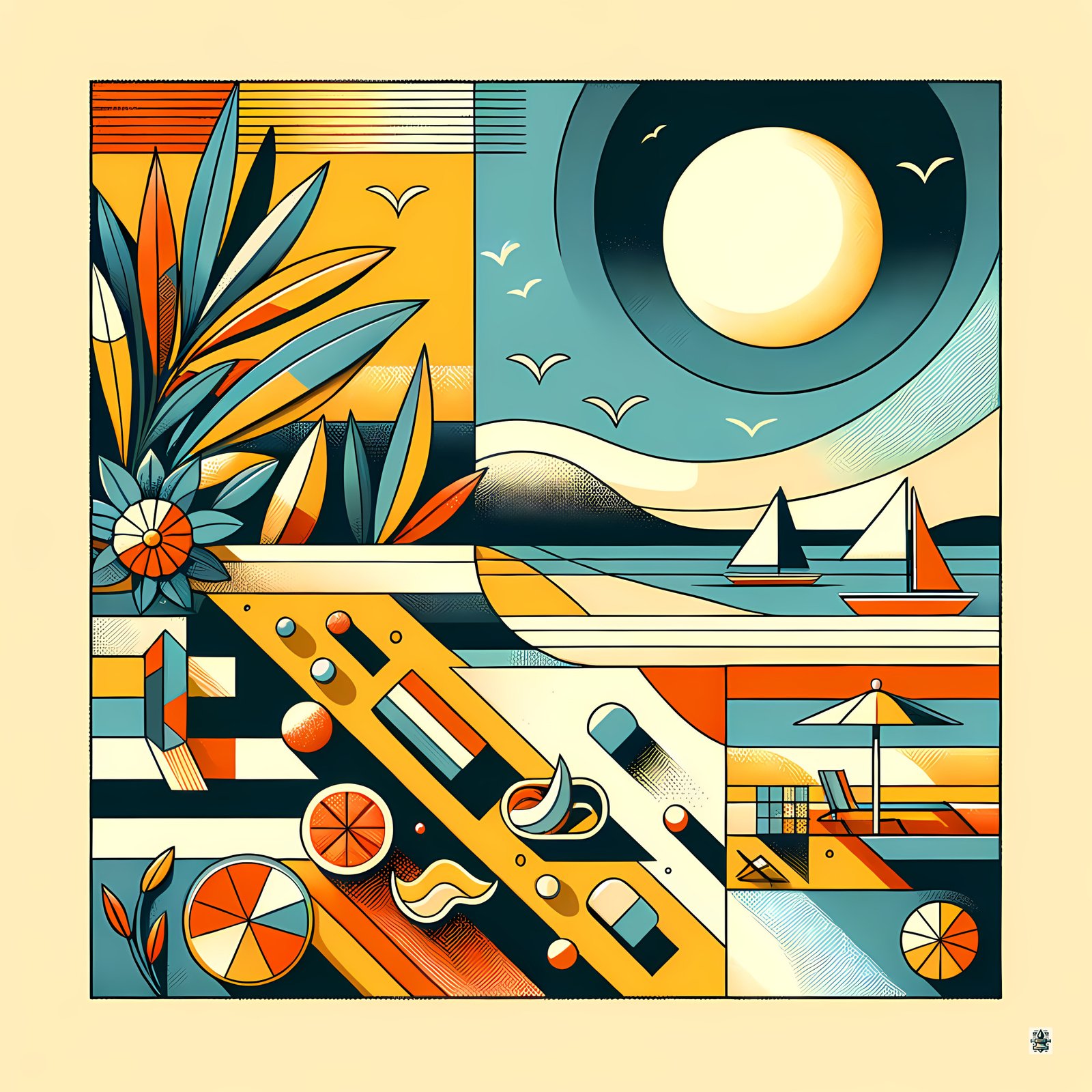 Retro Geometric Beach Sunset Sailboats Illustration