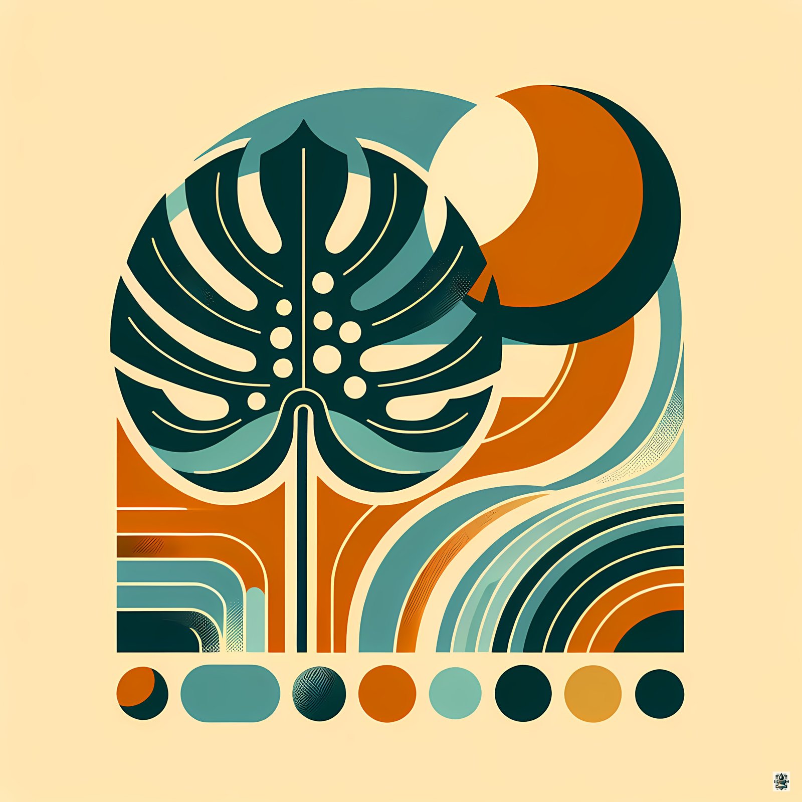 Abstract Monstera Leaf with Retro Geometric Shapes