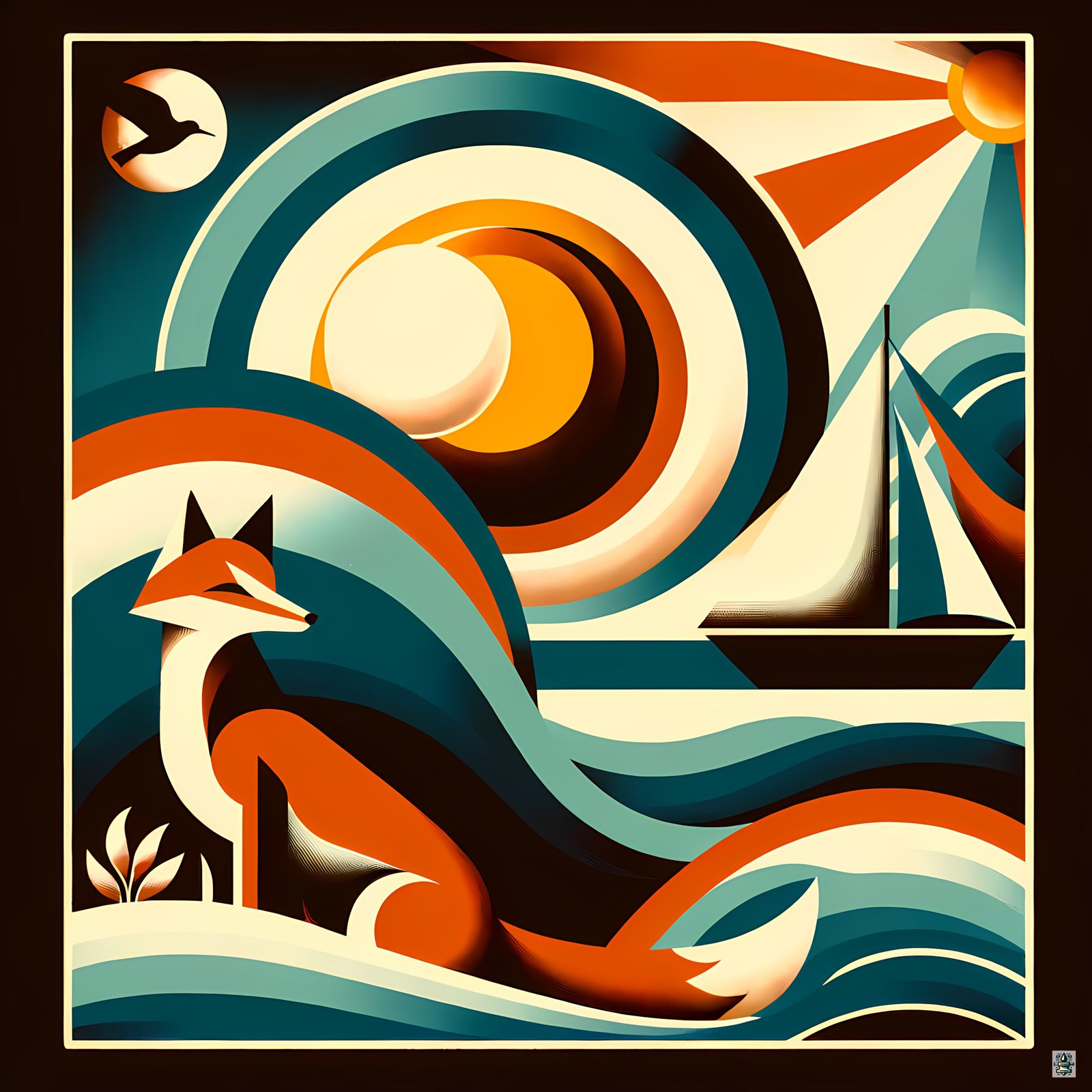 Geometric Fox and Sailboat Sunset
