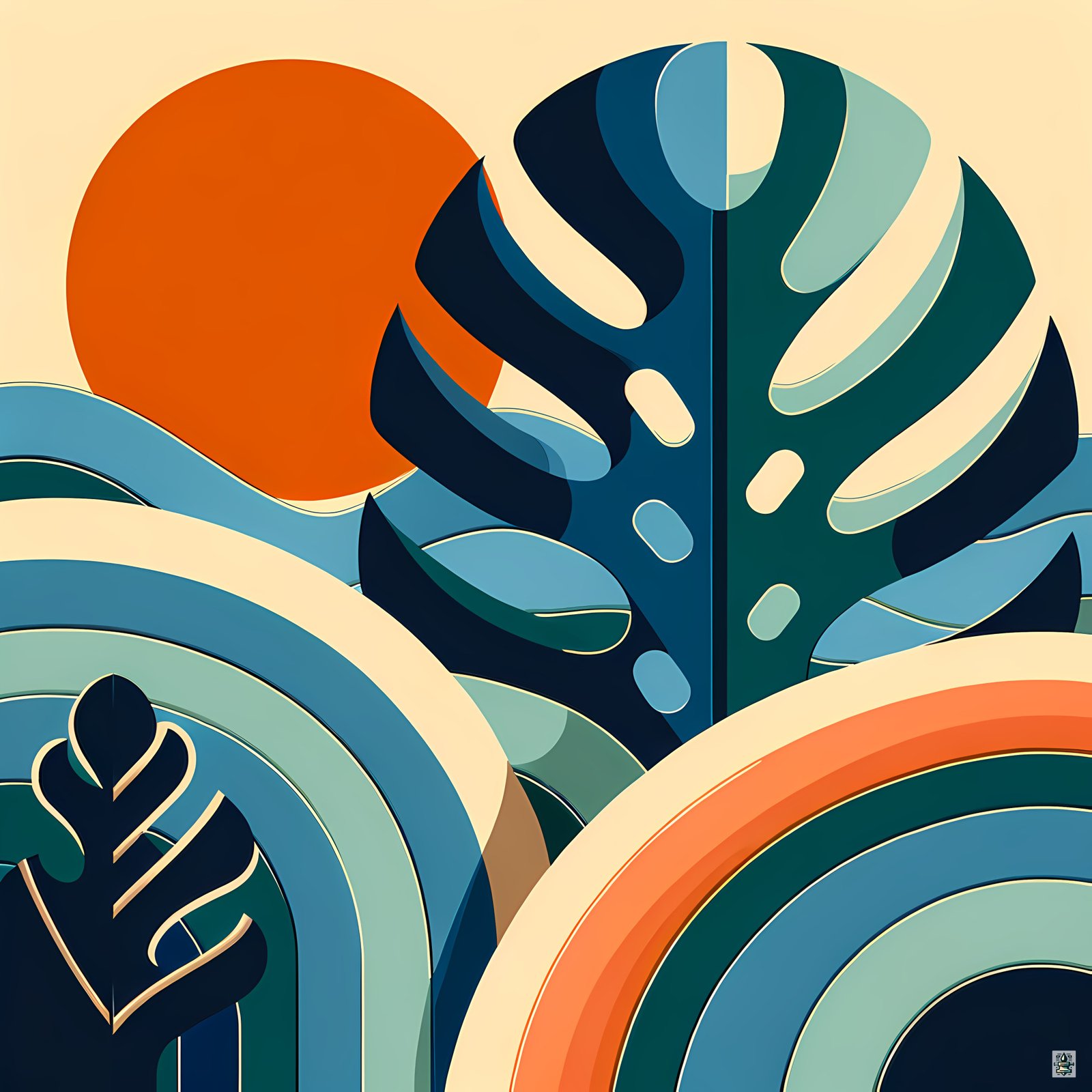 Geometric Monstera Leaves with Sunset Shapes
