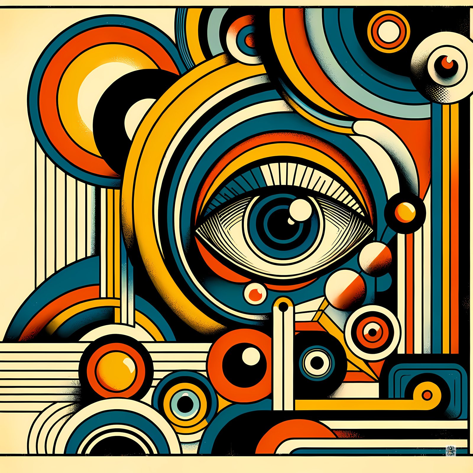 Retro Geometric Eye Abstract in Teal Orange and Gold