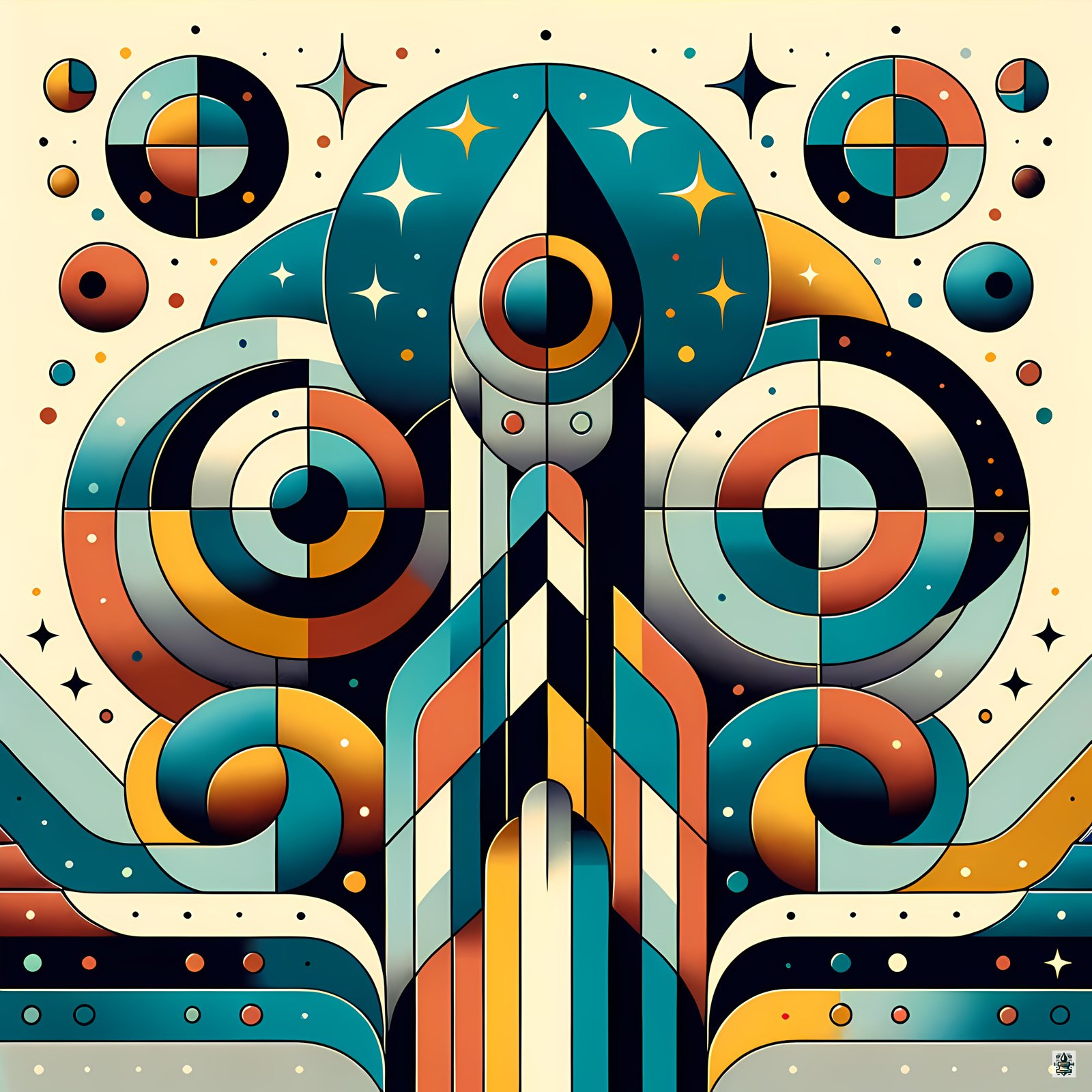 Geometric Rocket Launch in Retro Space Circles