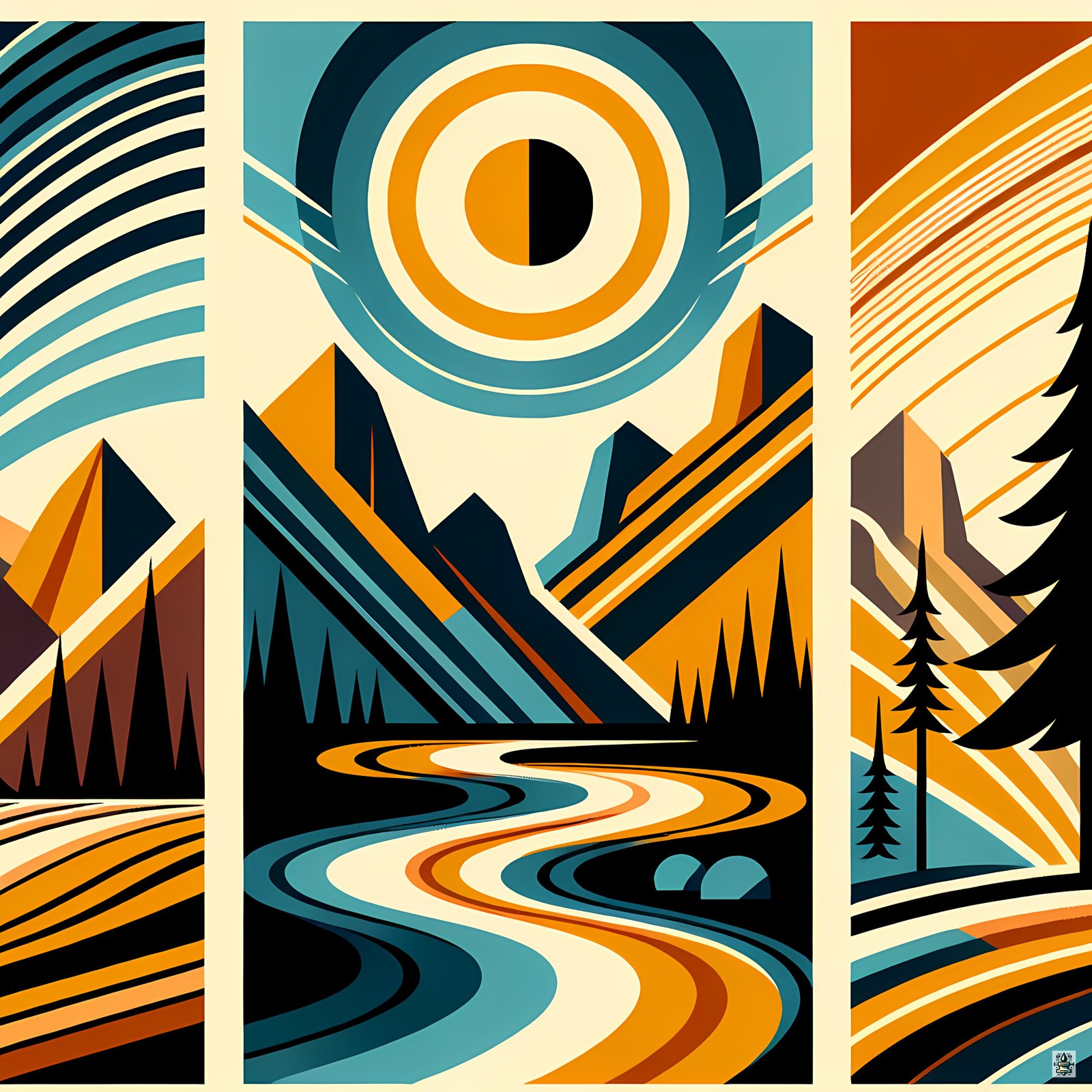 Geometric Mountain River Under Sun