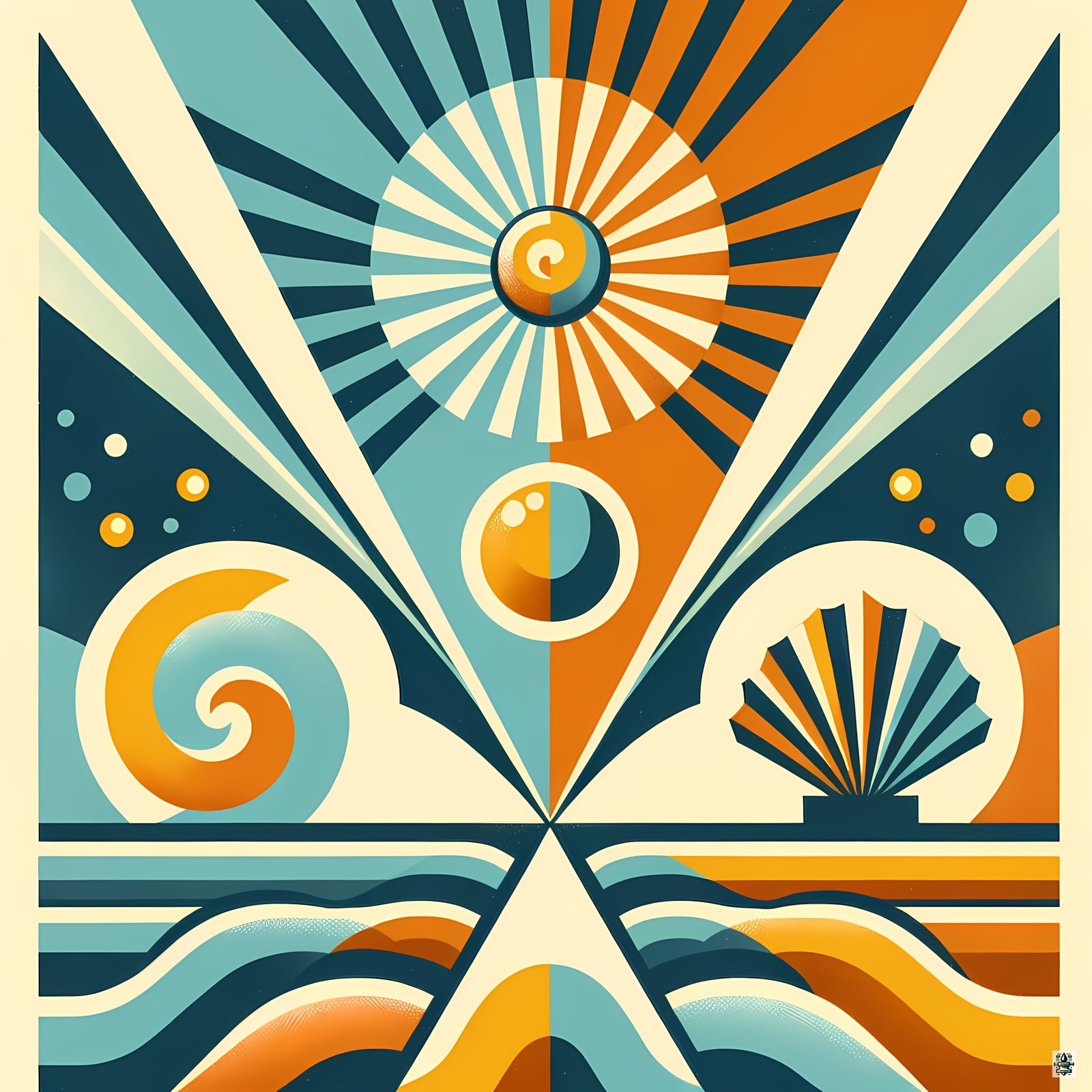 Geometric Sunburst and Waves Abstract