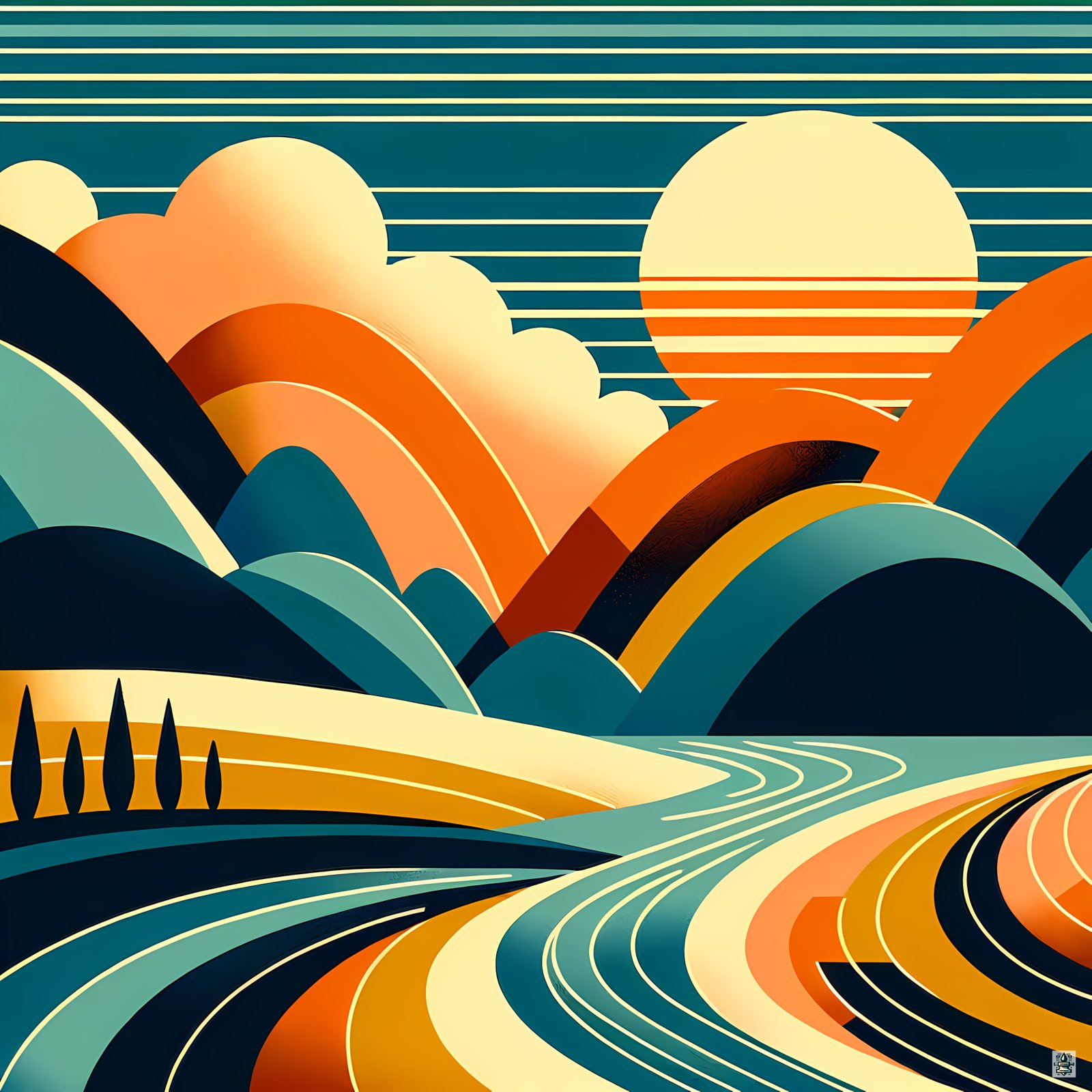 Geometric Sun Over Layered Mountains